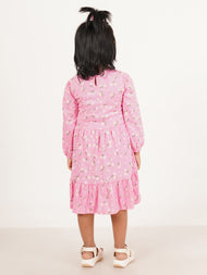 "Baby Girls' Long Sleeve Pink Floral Print Cotton Dress with Ruffle Hem"