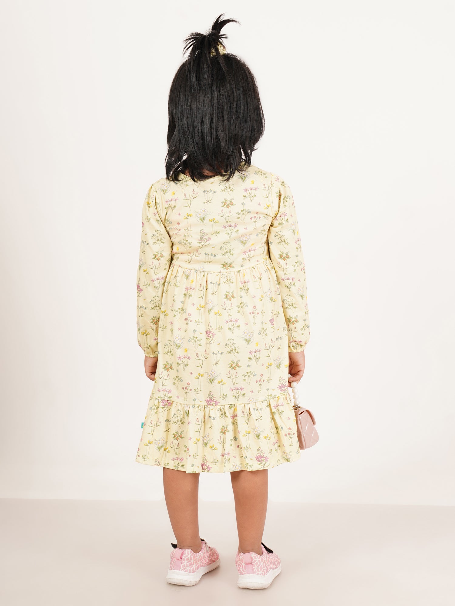 "Girls' Long Sleeve Floral Dress – Button Front, Ruffle Hem, Soft Yellow"