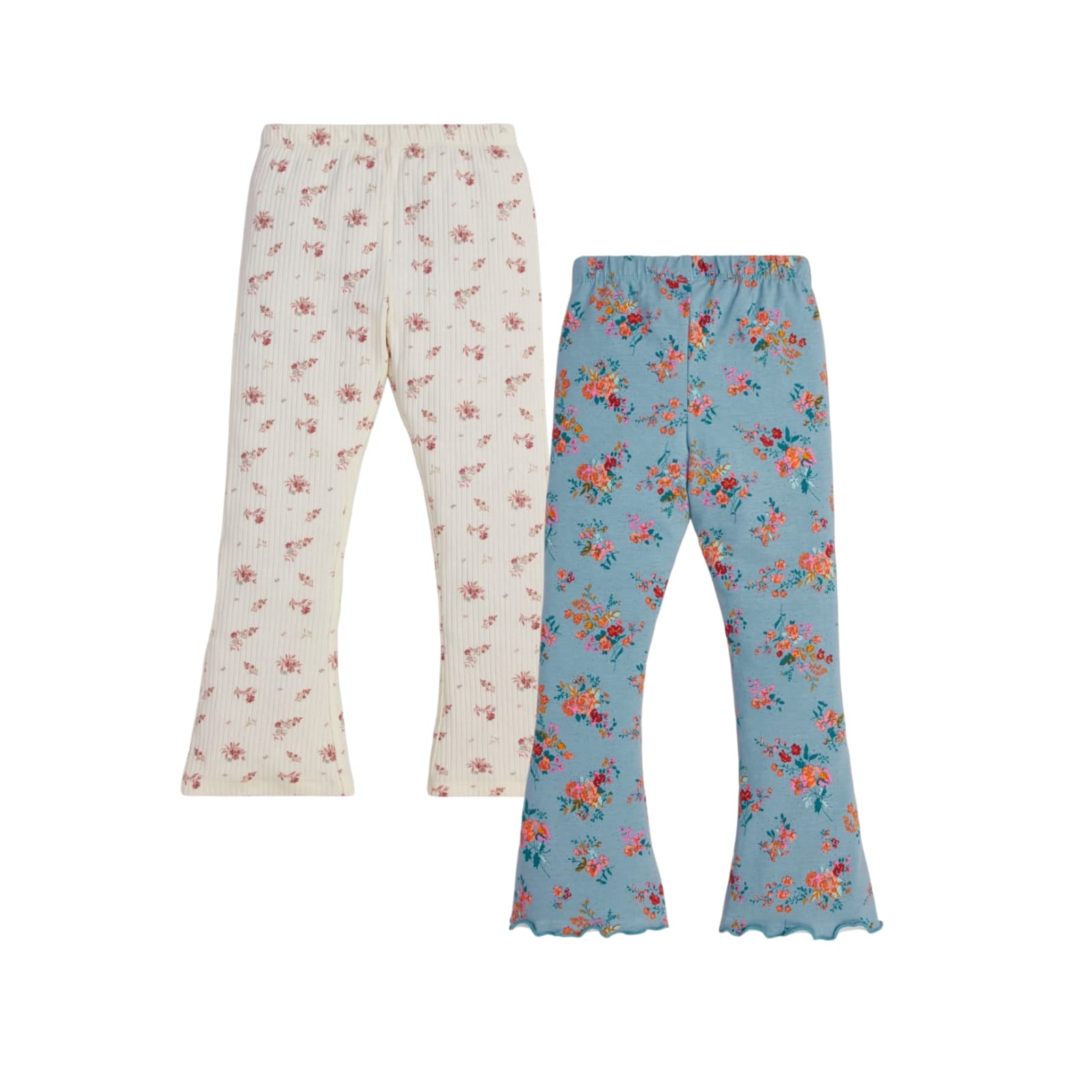 "Girls' Floral Flared Leggings - Pack of 2 (Cream & Teal Blue)"