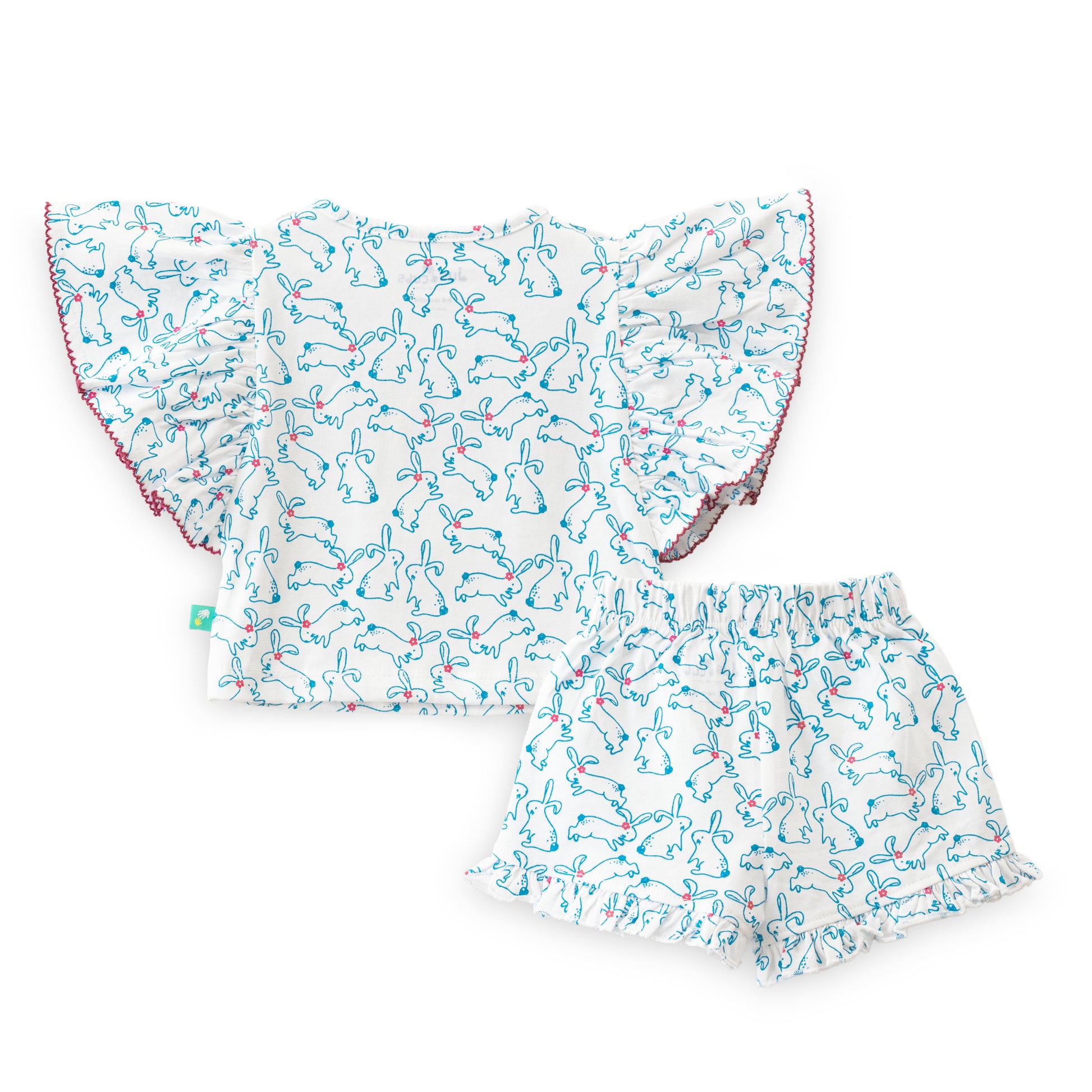 "Baby Girls' Bunny Print Cotton Top & Shorts Set – Frill Sleeves with ‘Love’ Print"