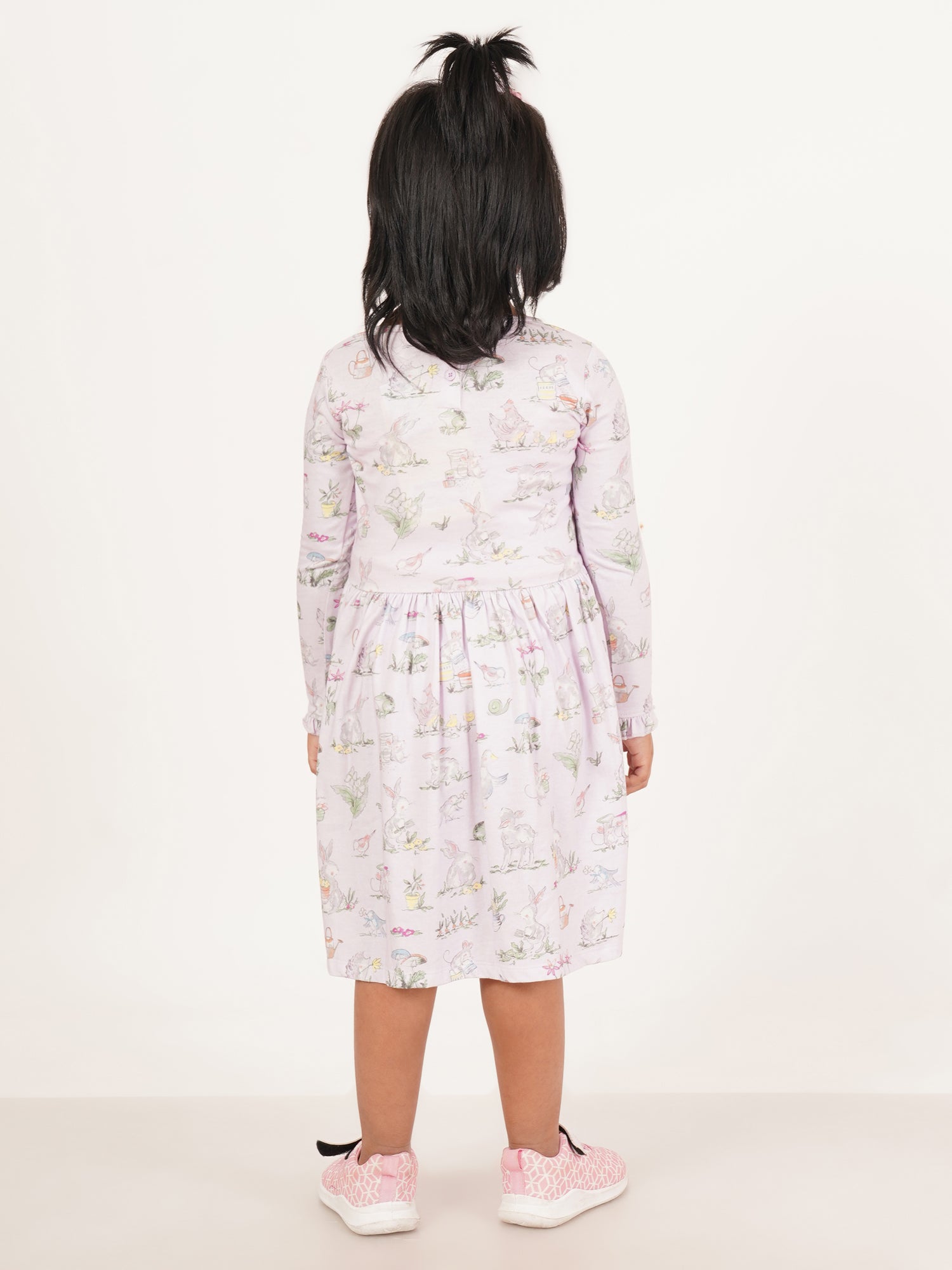 "Girls' Long Sleeve Pastel Purple Dress – Adorable Bunny & Garden Print Cotton Frock"