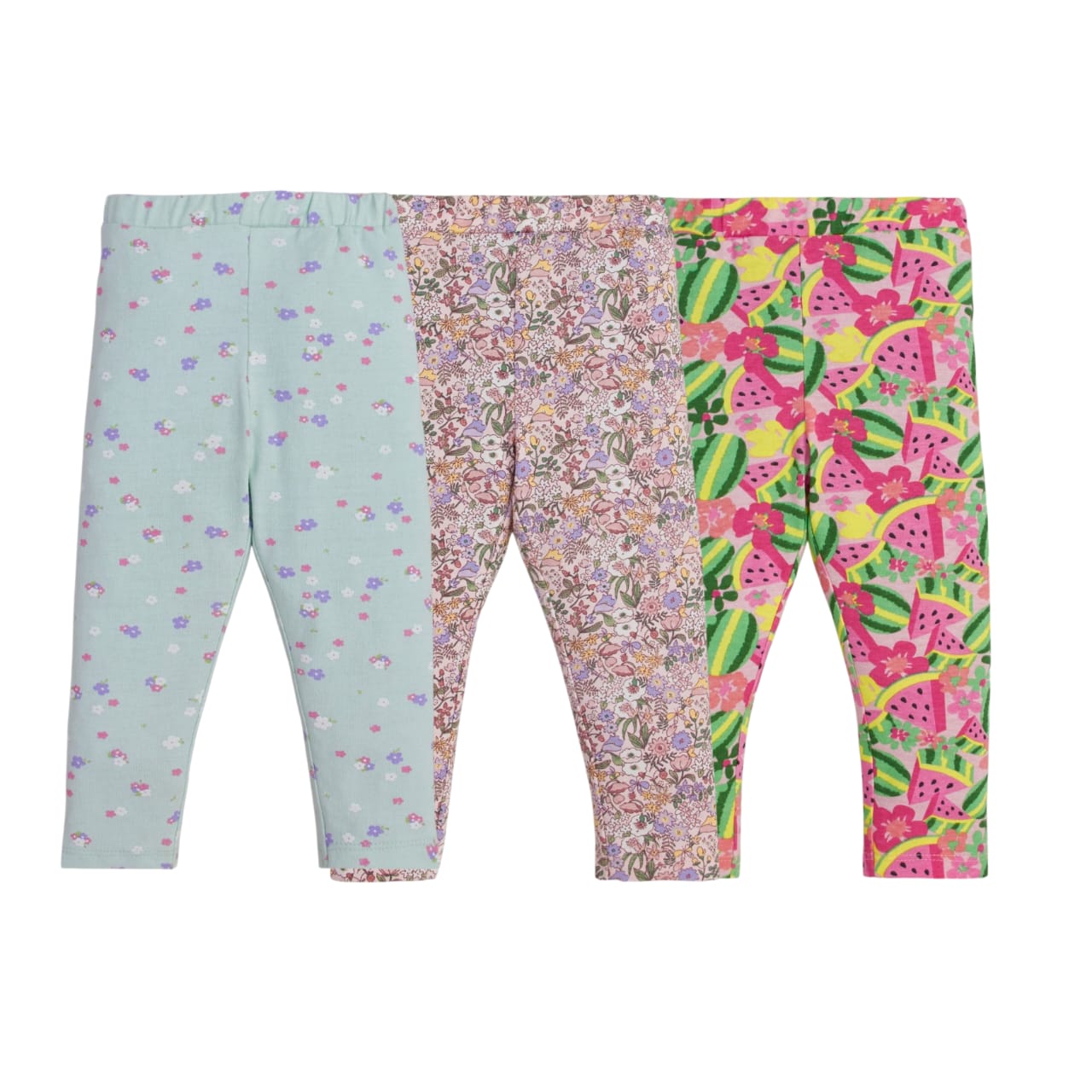 "Girls' Printed Cotton Leggings - Pack of 3 (Floral & Fruit Designs)"