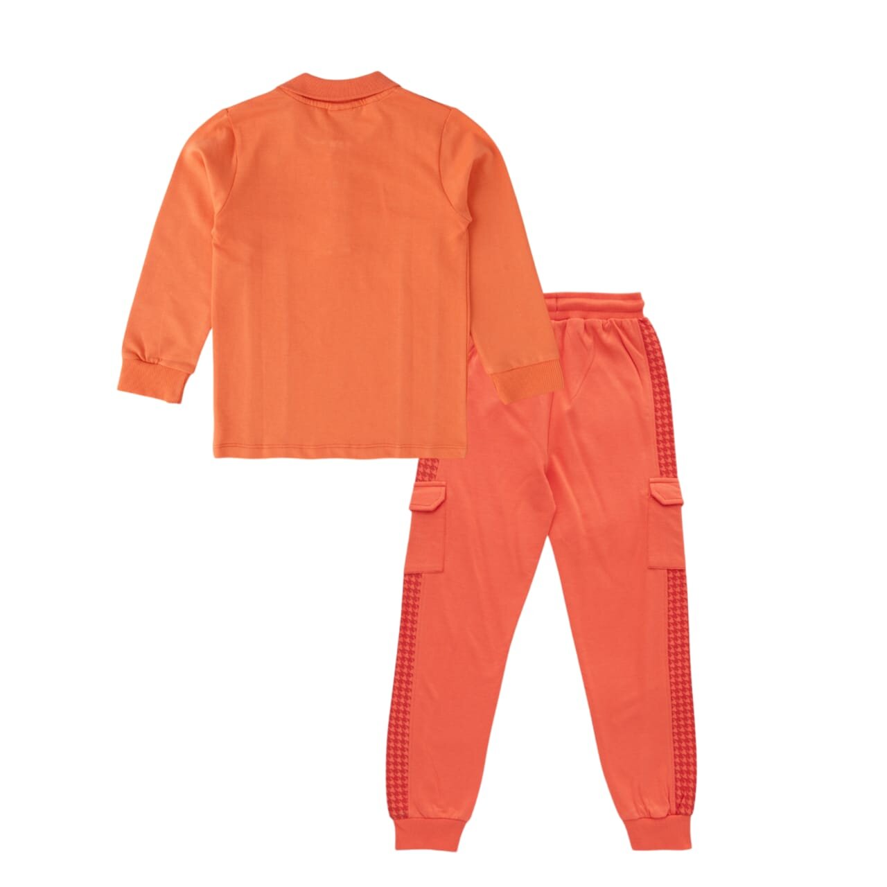 "Boys' Matching Polo T-Shirt and Jogger Set – Orange Hound's-tooth Panel Design – Cotton Loungewear Outfit"