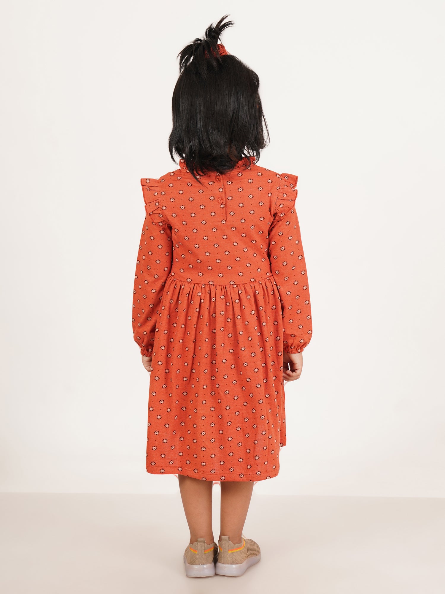 "Baby Girls' Red Floral Print Cotton Dress with Ruffle Details and Long Sleeves"