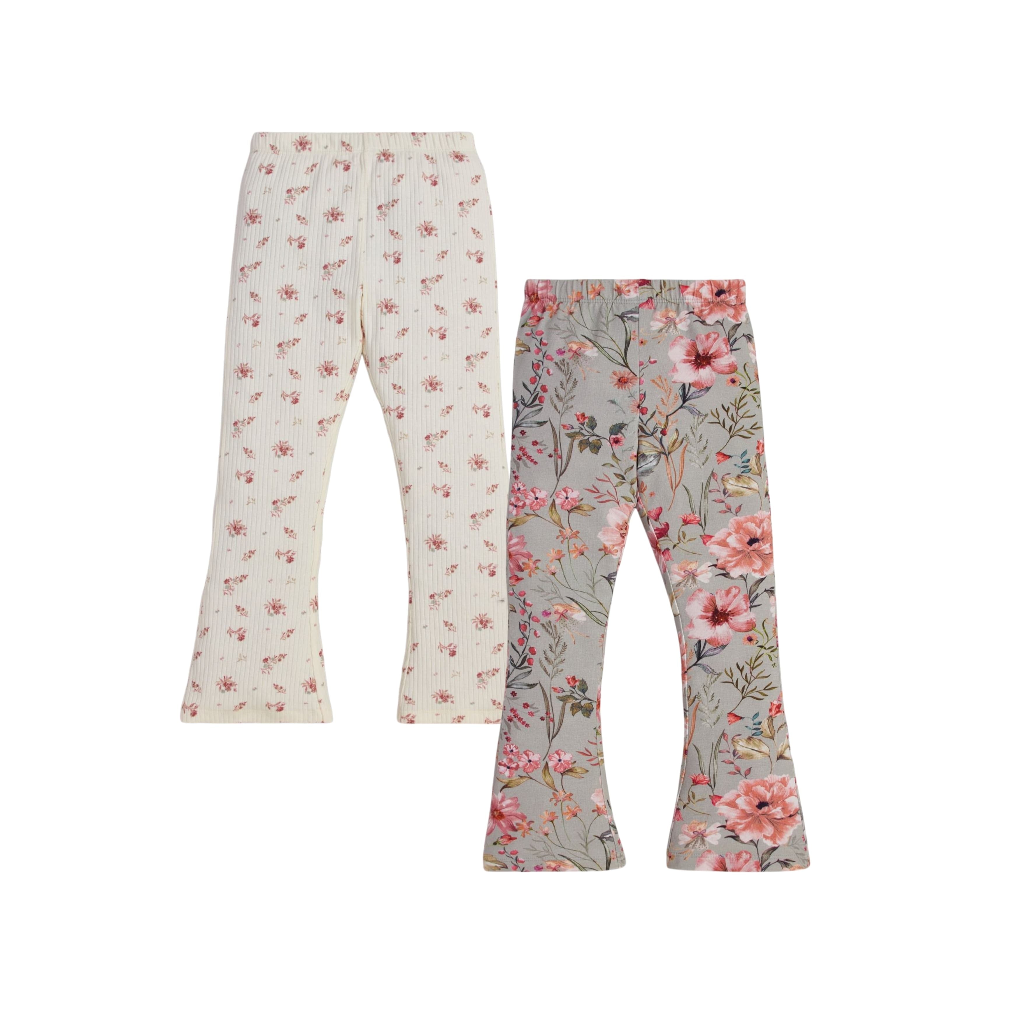 "Girls' Floral Print Flared Leggings - Pack of 2 (Cream & Multicolor)"