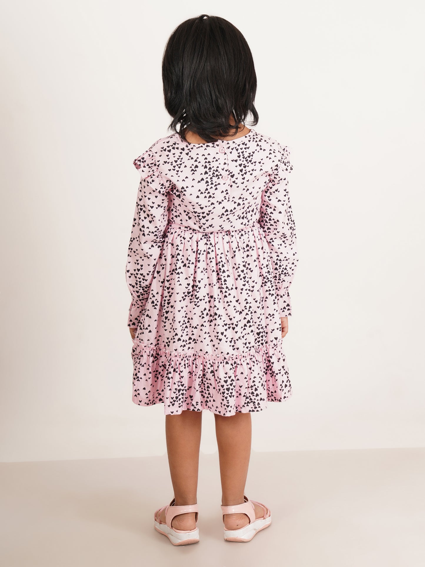 Girls' Pink Heart Print Ruffle Dress – Long Sleeve, Belted Waist, Elegant Party Wear