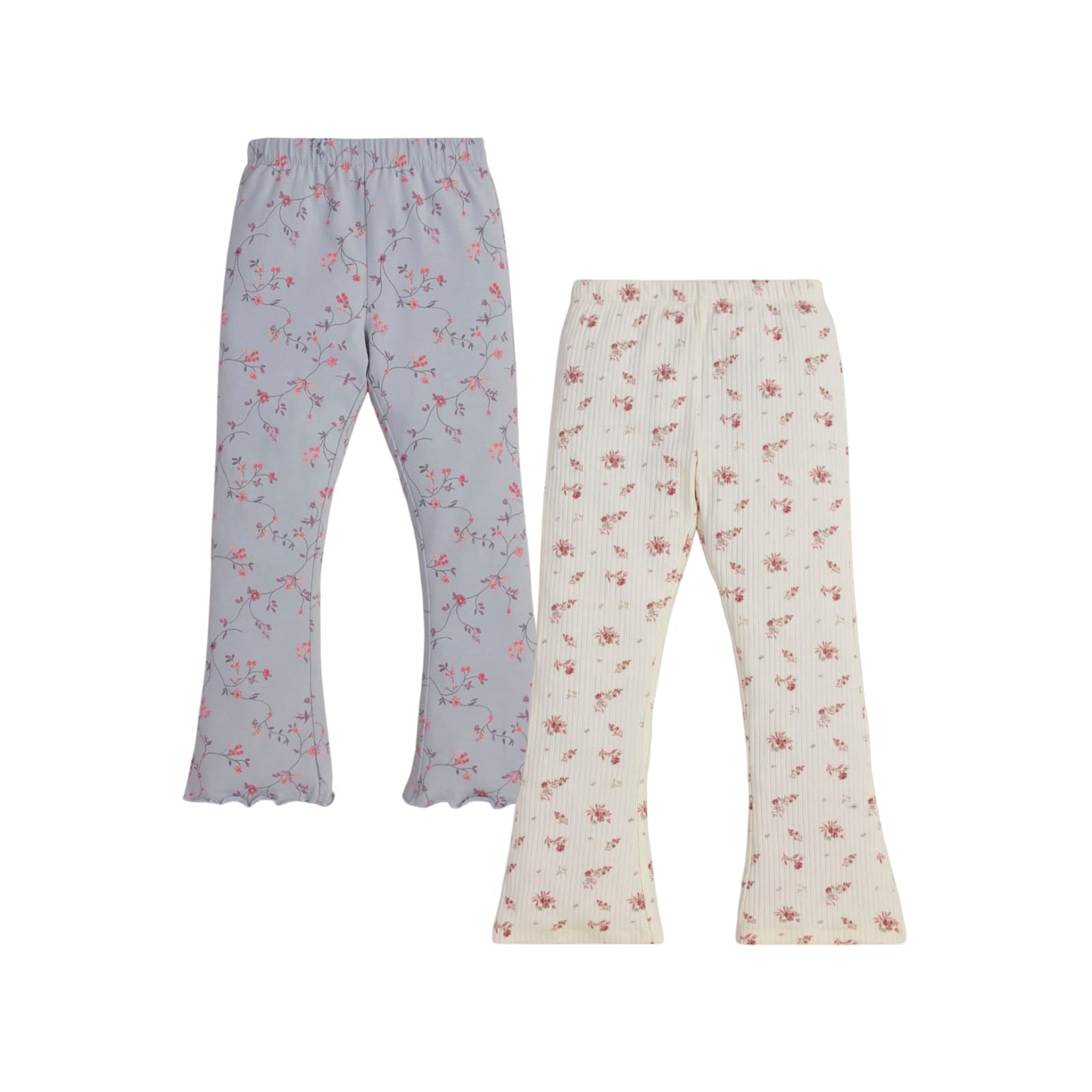 "Girls' Floral Flared Leggings - Pack of 2 (Blue & Cream)"