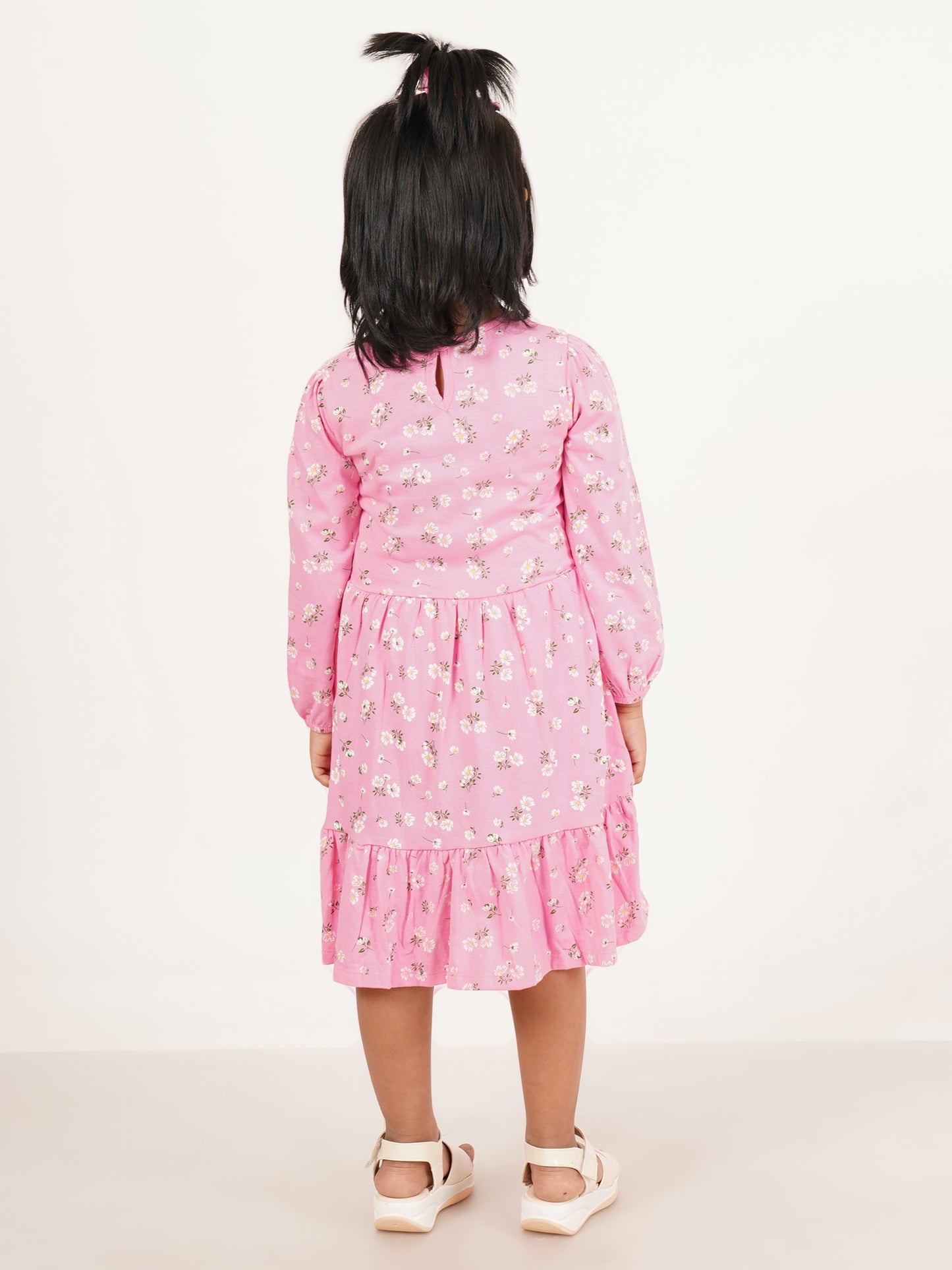 "Girls' Long Sleeve Pink Floral Print Cotton Dress with Ruffle Hem"