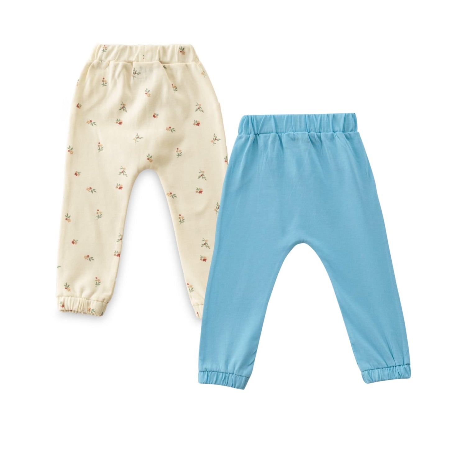 "Baby Girls' Cotton Jogger Pants - Pack of 2 (Floral Print & Solid Blue)"