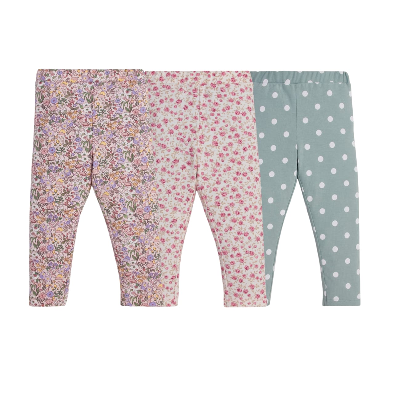 "Girls' Cotton Leggings - 3-Pack Floral & Polka Dot Print Pants"