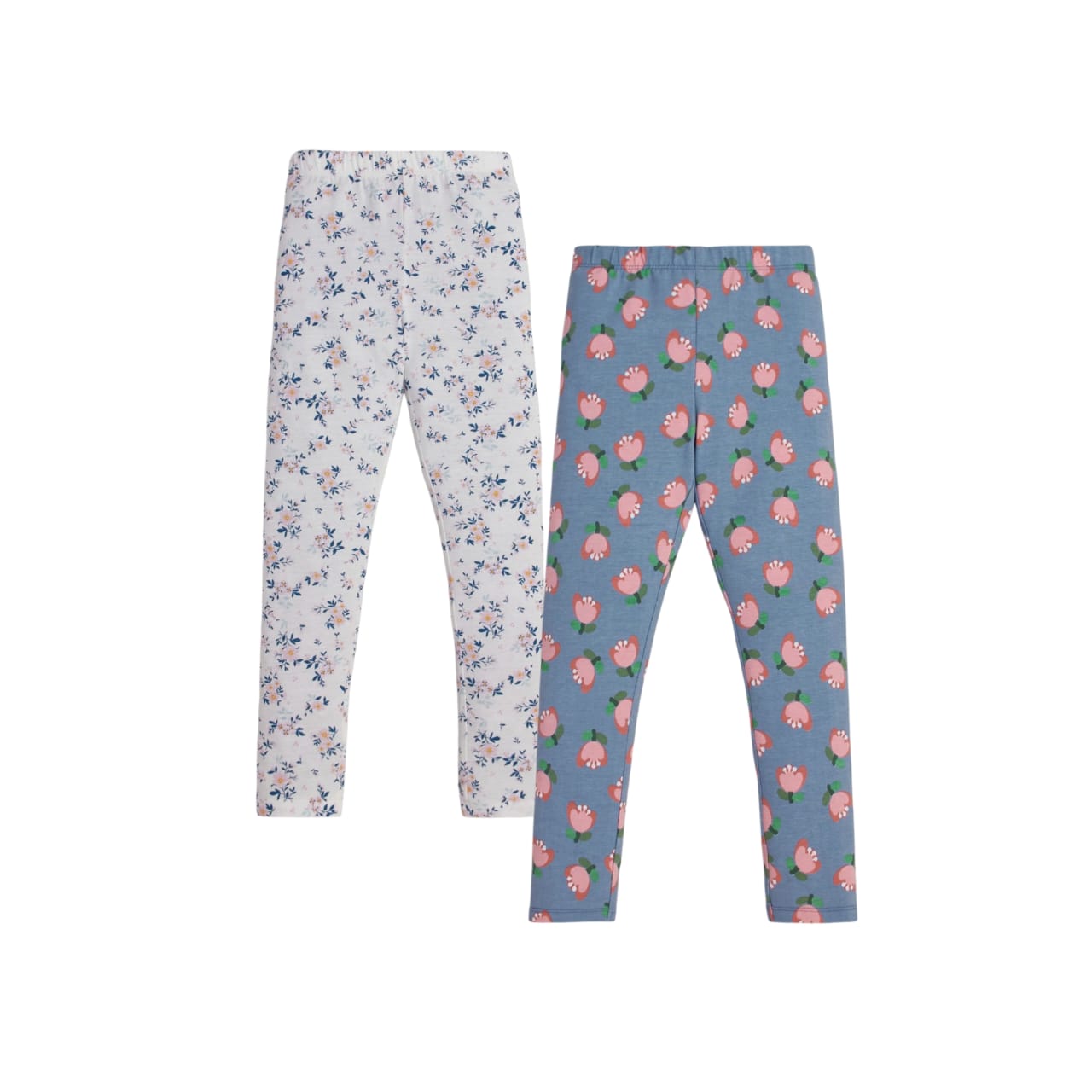 "Girls' Printed Cotton Leggings - Pack of 2 (White Floral & Blue Tulip)"