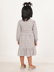 "Girls' Long Sleeve Grey Floral Print Cotton Dress with Tiered Ruffle Skirt"