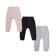 Baby Girls Cotton Jogger Pants - 3-Pack (Black, Grey, Beige)