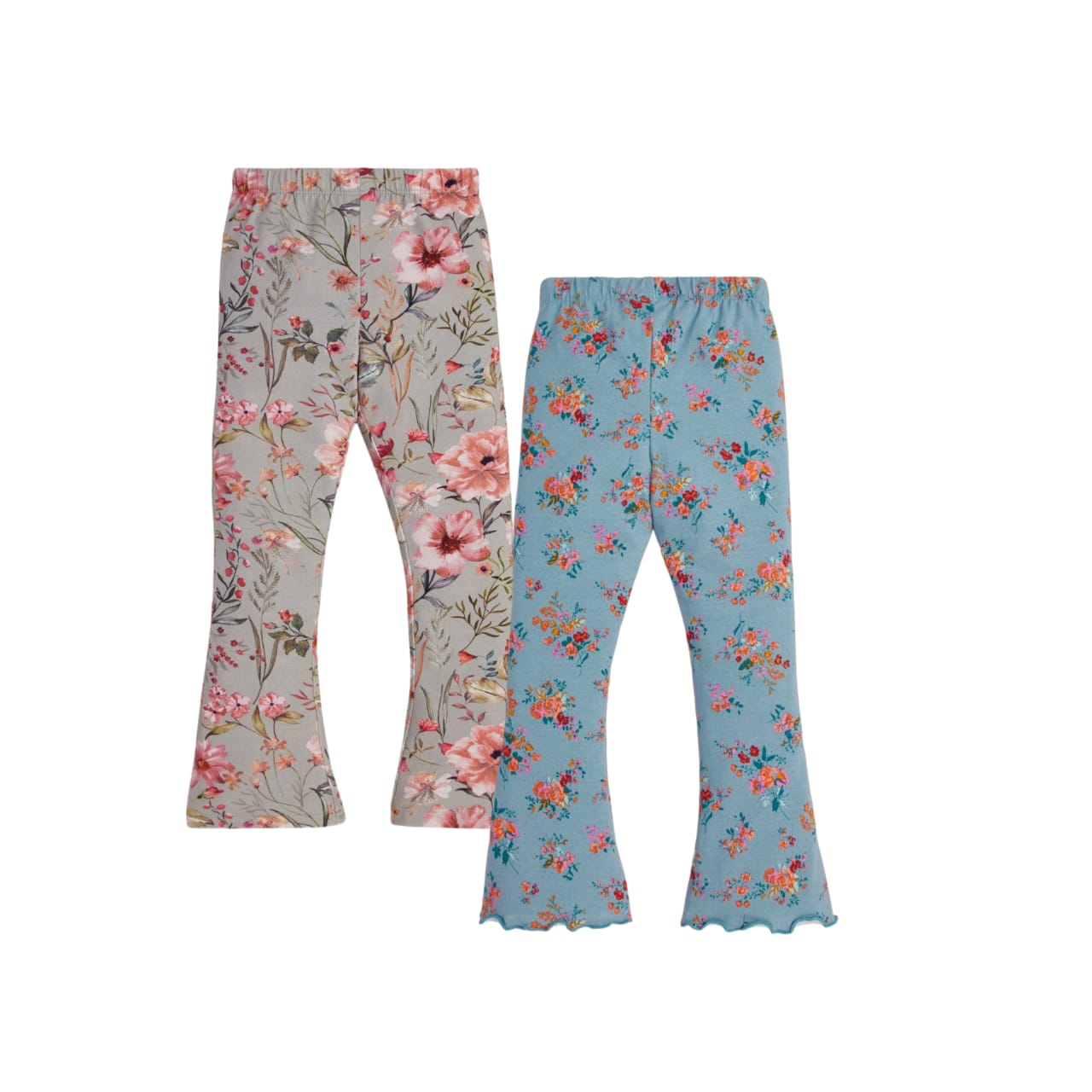 "Girls' Floral Printed Flared Leggings - Pack of 2 (Multicolor & Teal Blue)"