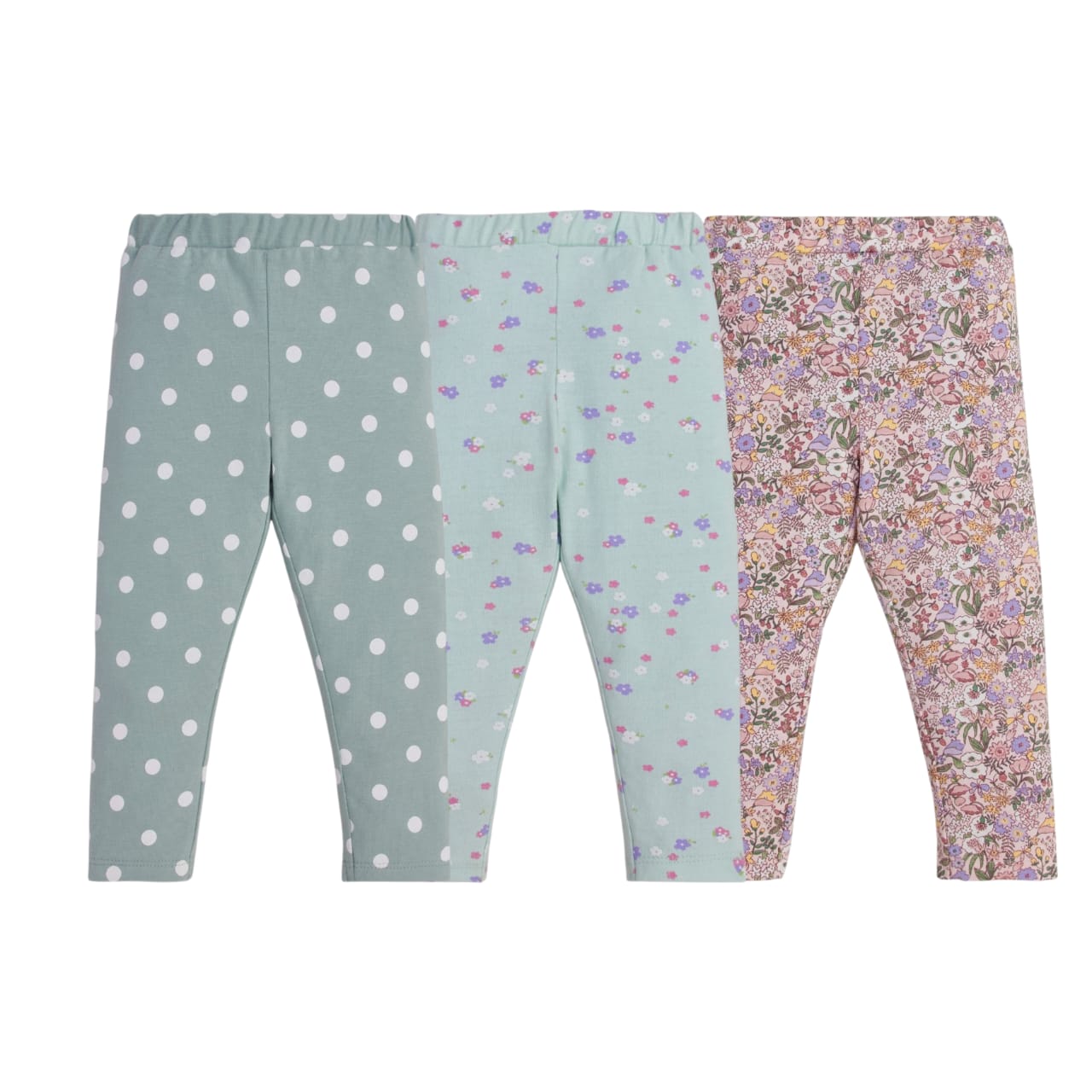 "Girls' Printed Leggings - 3-Pack Cotton Stretch Pants with Polka Dot & Floral Designs"