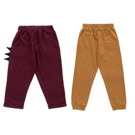 "Baby Boys' Fun Jogger Pants – Pack of 2 (Maroon Dinosaur & Mustard Printed) – Soft Cotton with Drawstring Waist"