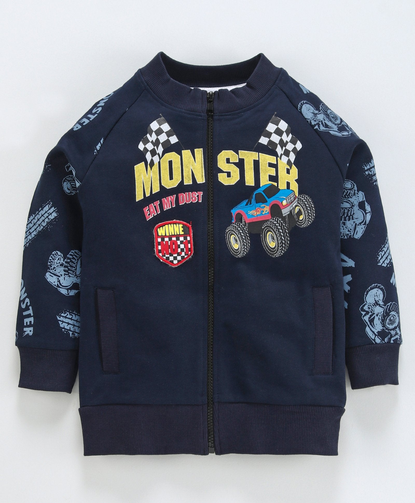 Monster Print Full Sleeve Jacket - Navy Blue