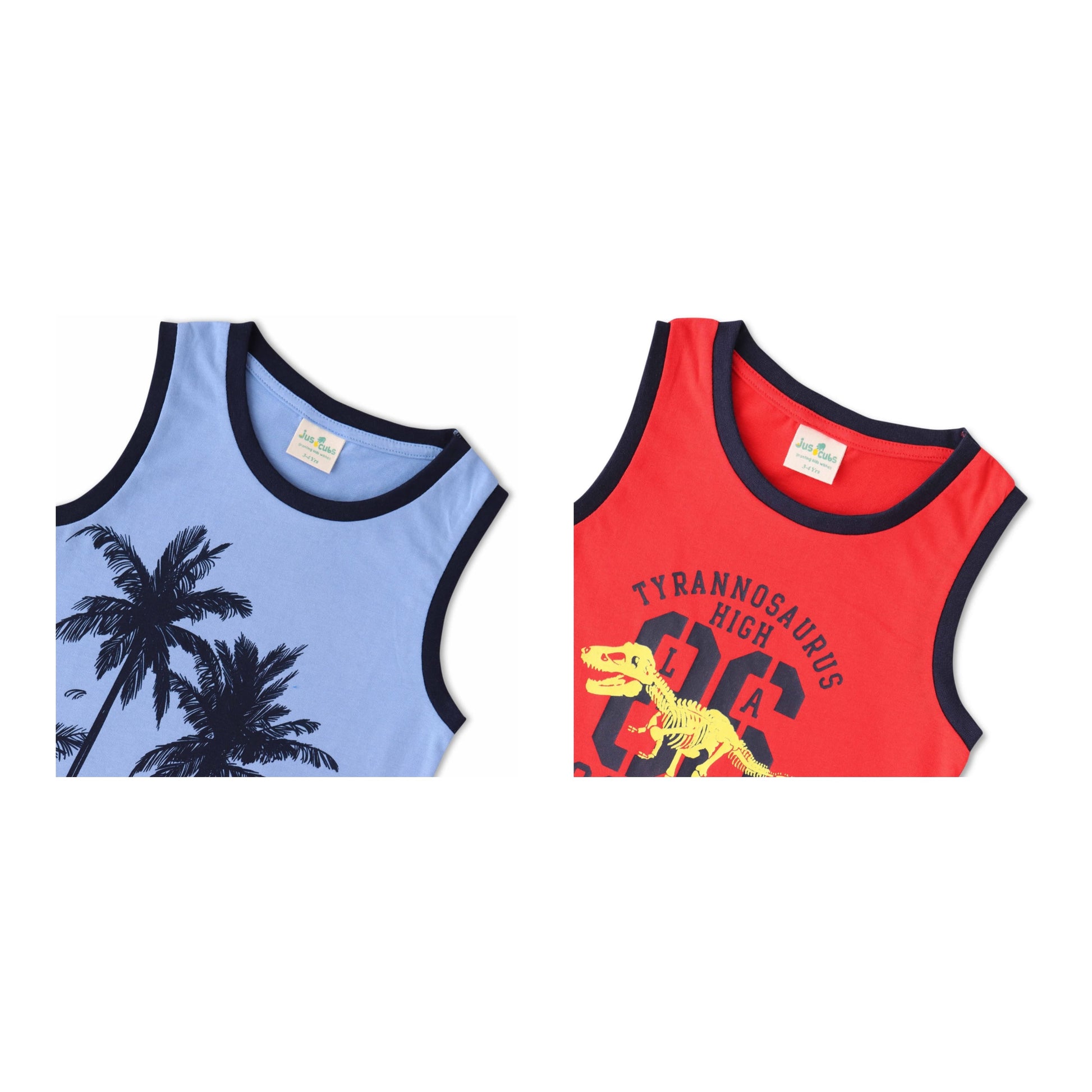 "Boys' 2-Pack T-shirt – Dinosaur & Tropical Island Graphic Sleeveless Tees (Red/Blue)"