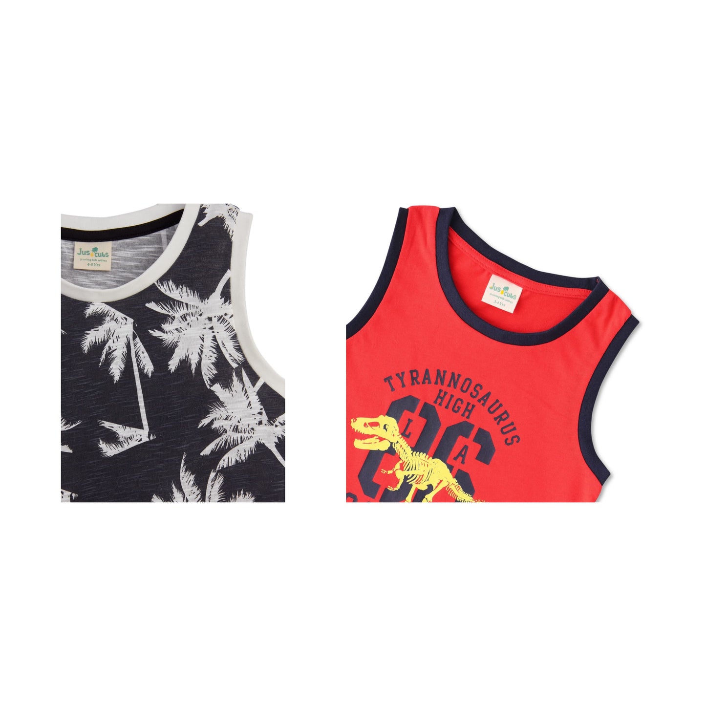 "Boys' 2-Pack T-shirt – Palm Tree & Dinosaur Print Sleeveless Tees (Black/Red)"