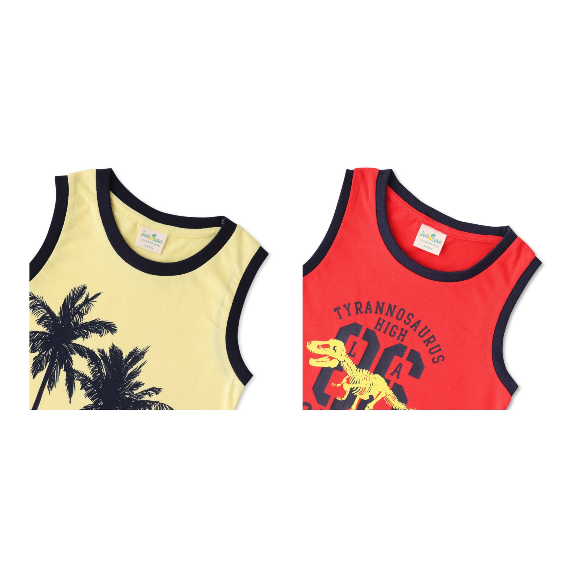 "Boys' Sleeveless Graphic T-shirt - Set of 2 (Beach Sunset & Dino School Print)"