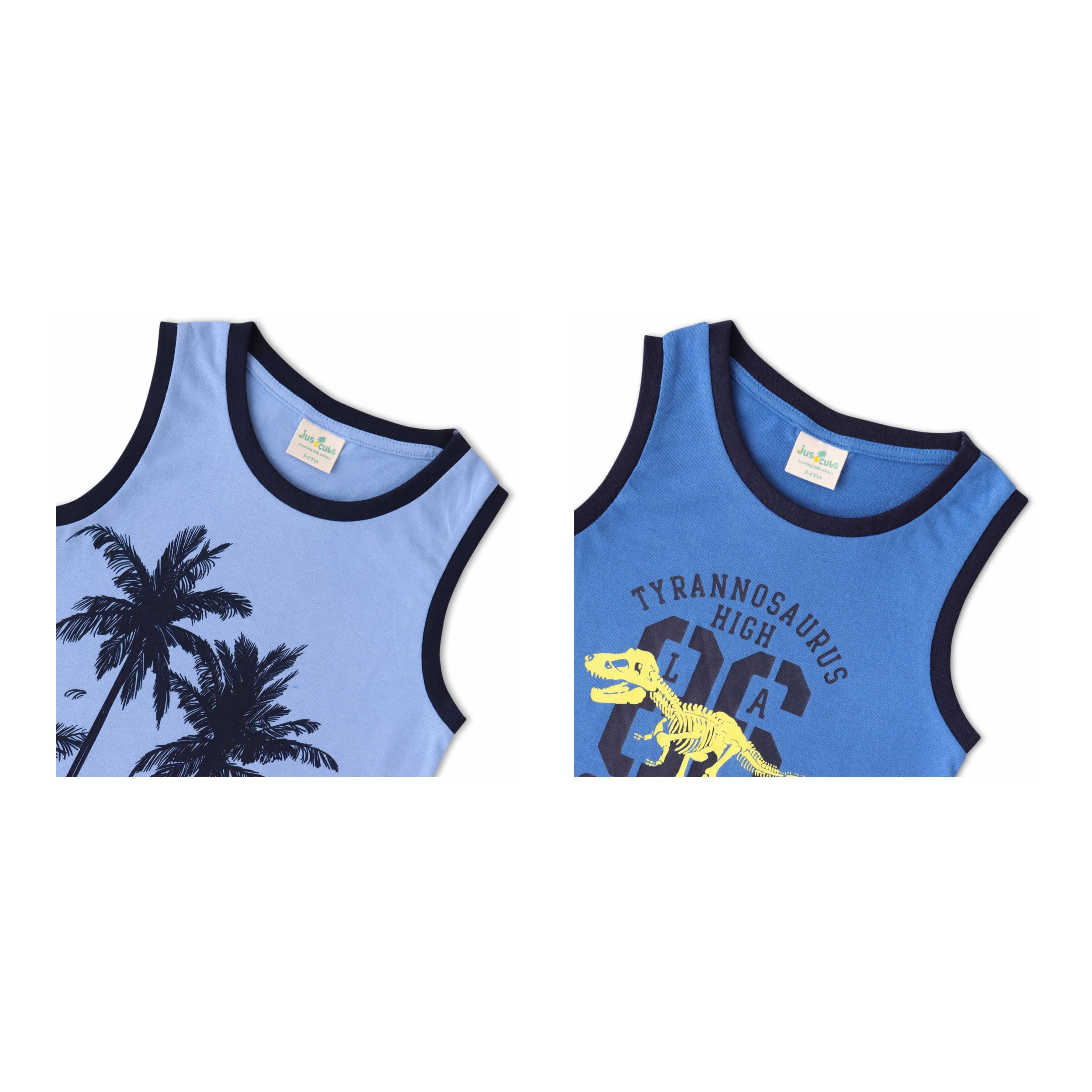 "Boys' 2-Pack Sleeveless T-shirt – Tropical Island & Dinosaur Print Tees (Blue/Royal Blue)"
