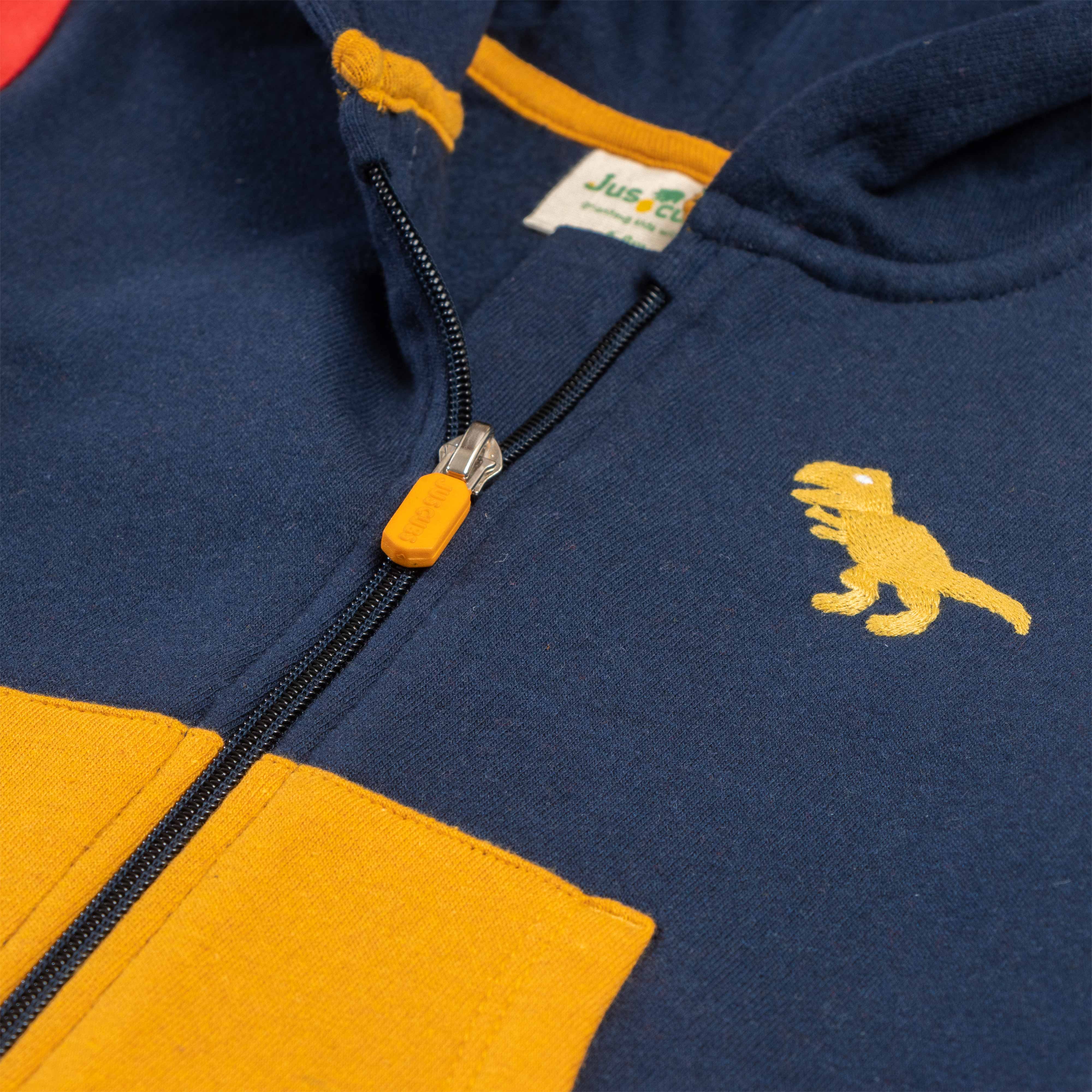 "Boys' Dino-Themed Colorblock Zip-Up Hoodie with 3D Spikes and Front Pockets"