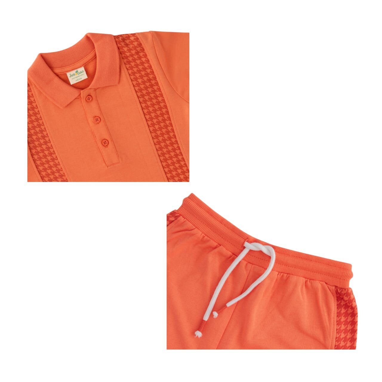 "Boys' Matching Polo T-Shirt and Jogger Set – Orange Hound's-tooth Panel Design – Cotton Loungewear Outfit"