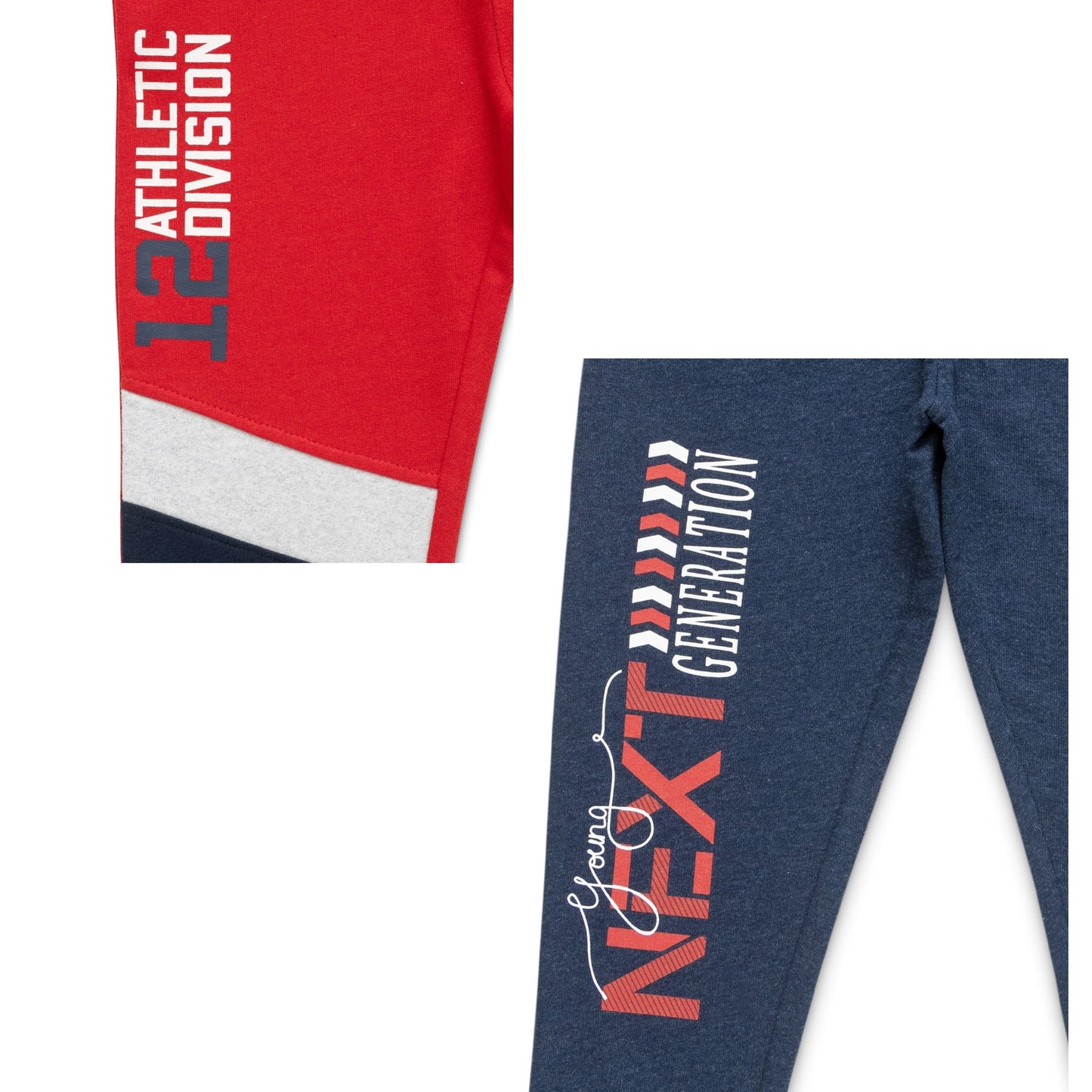 "Boys' Cotton Jogger Pants – Pack of 2 (Navy & Red) – Athletic Print & Colorblock Design"