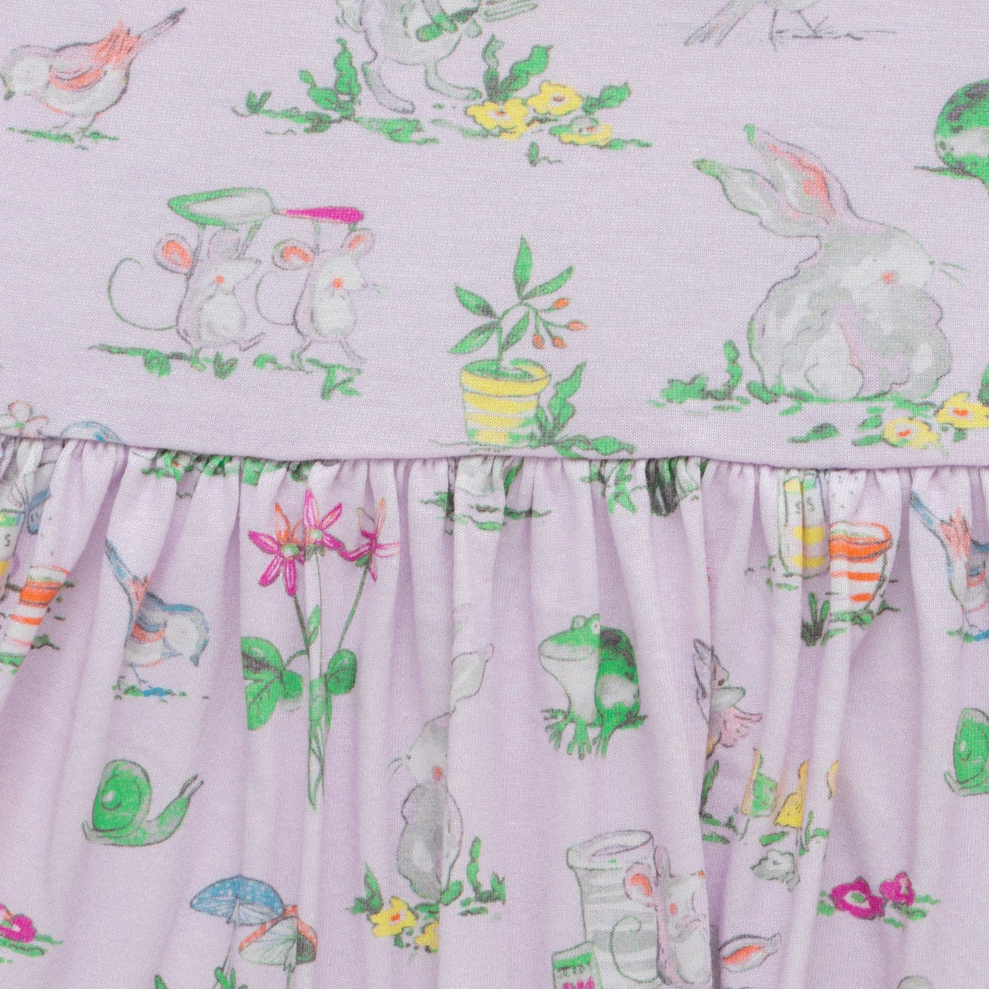 "Girls' Long Sleeve Pastel Purple Dress – Adorable Bunny & Garden Print Cotton Frock"