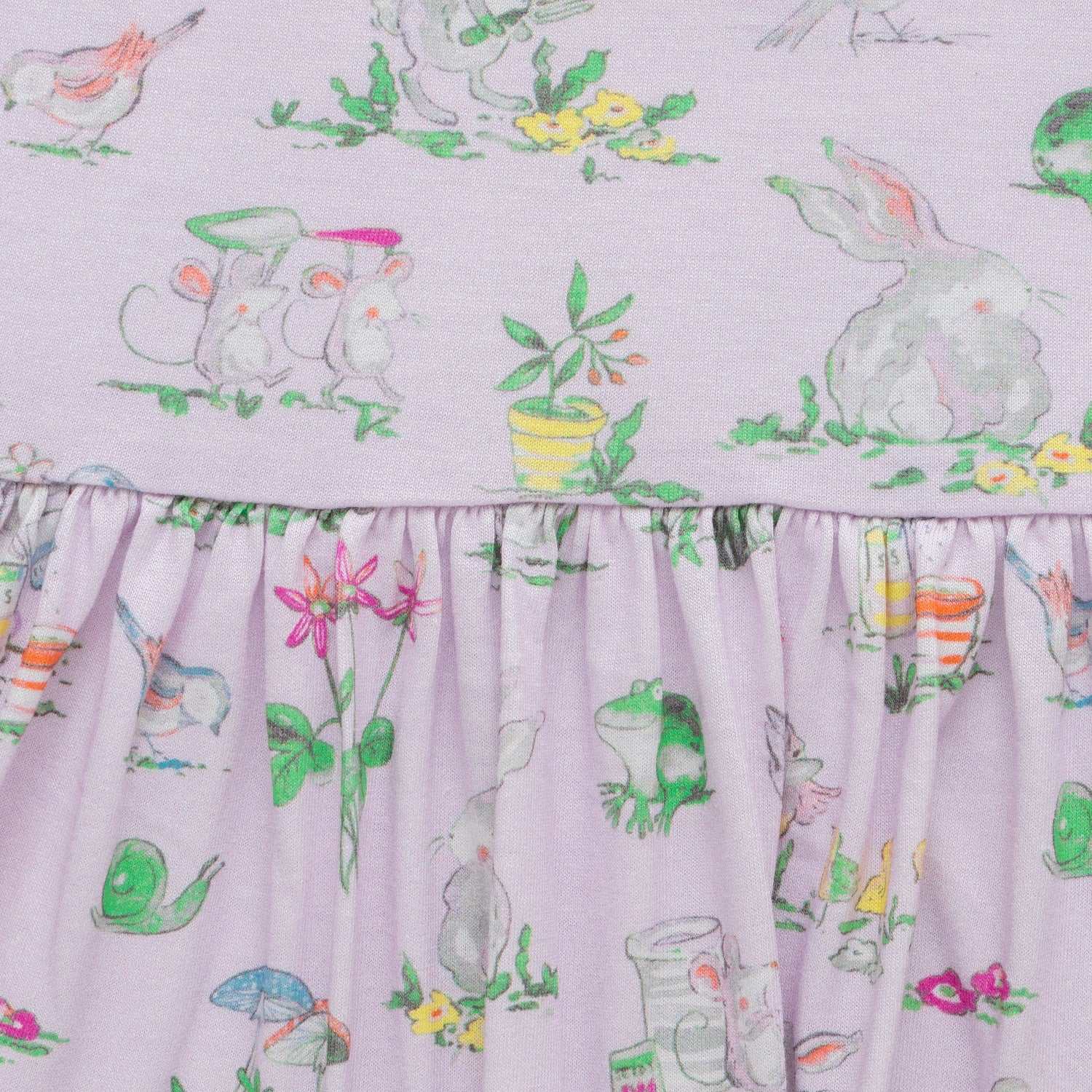 "Girls' Long Sleeve Pastel Purple Dress – Adorable Bunny & Garden Print Cotton Frock"