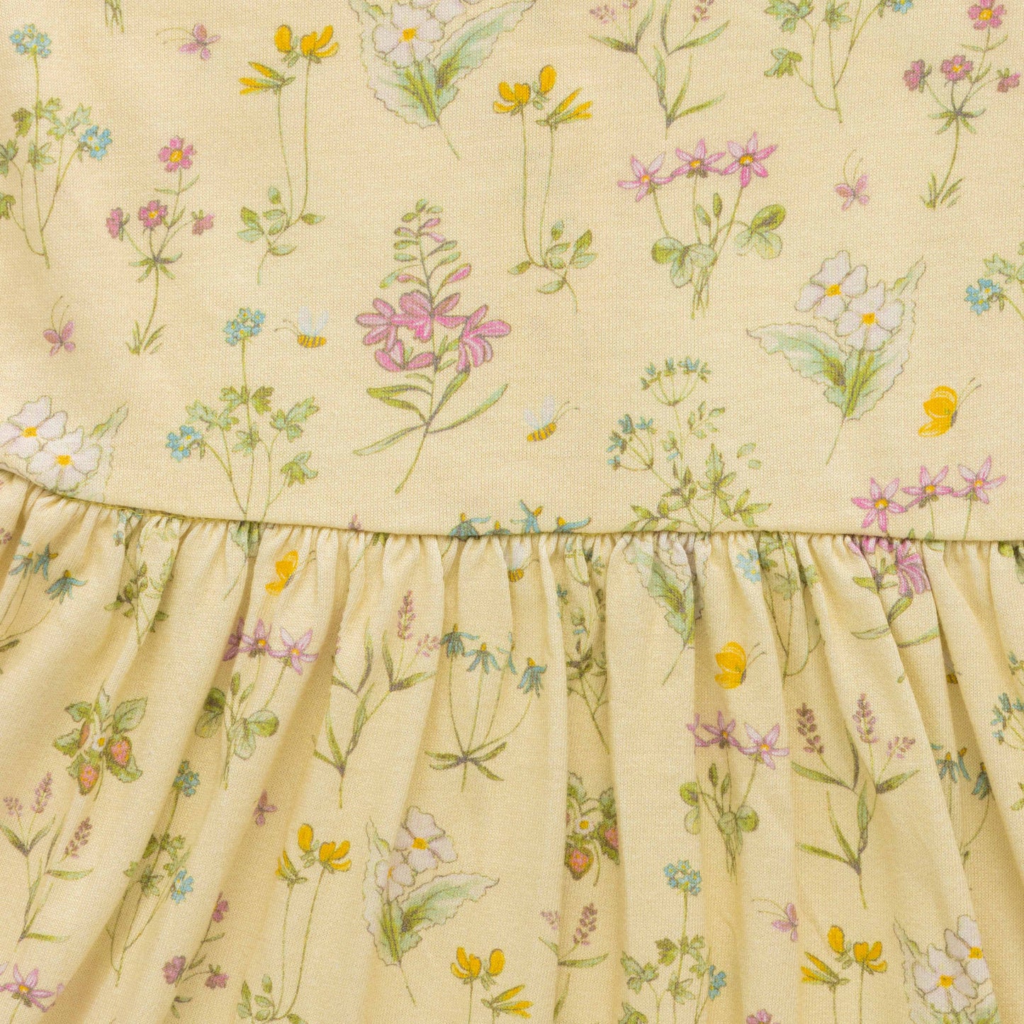 "Girls' Long Sleeve Floral Dress – Button Front, Ruffle Hem, Soft Yellow"