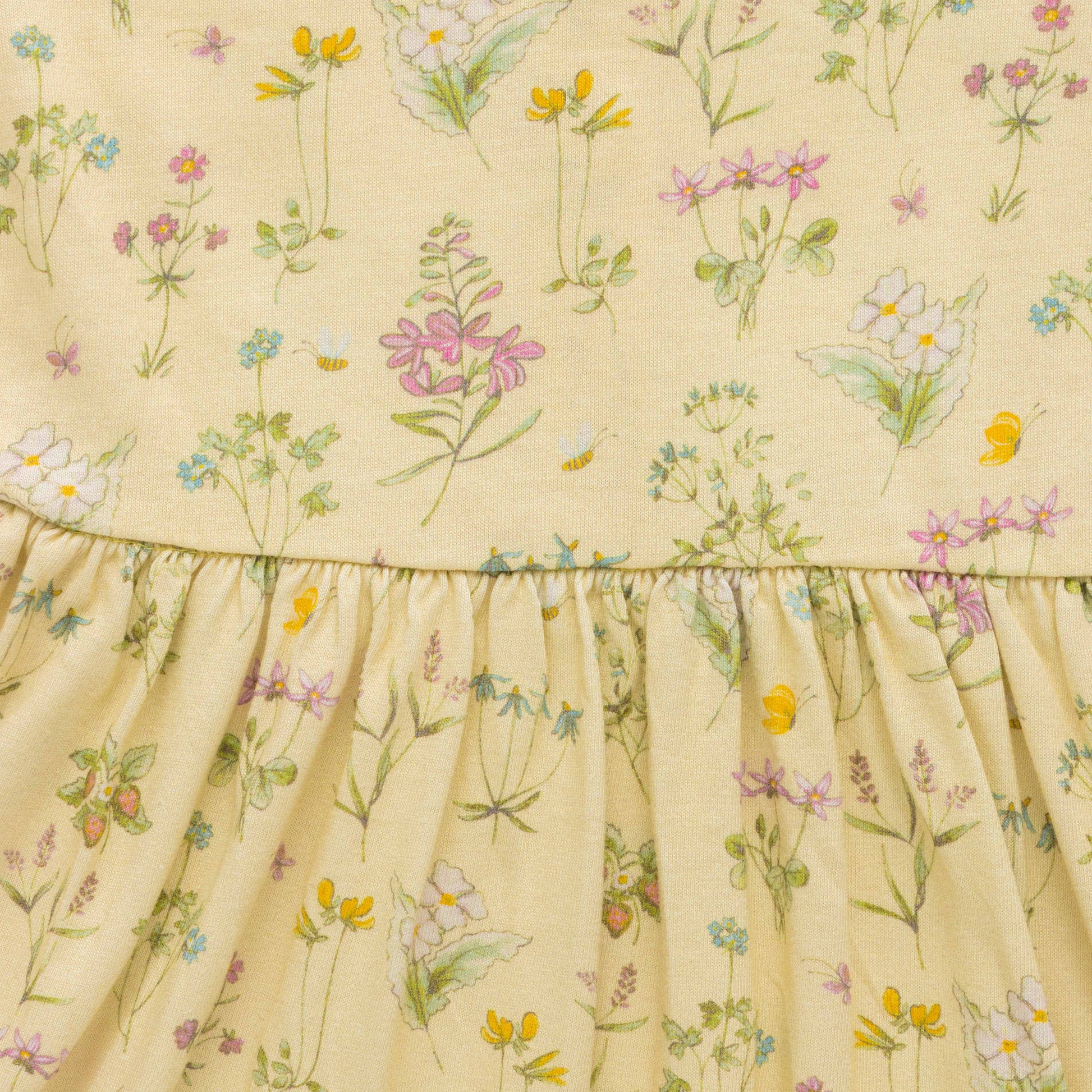 "Girls' Long Sleeve Floral Dress – Button Front, Ruffle Hem, Soft Yellow"