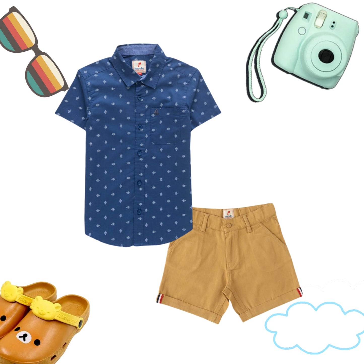 "Boys' Stylish Blue Printed Shirt & Mustard Cotton Shorts Set – Summer Casual Outfit"