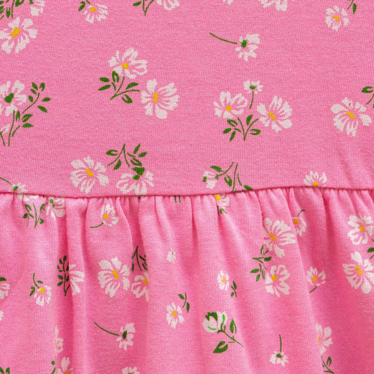 "Girls' Long Sleeve Pink Floral Print Cotton Dress with Ruffle Hem"