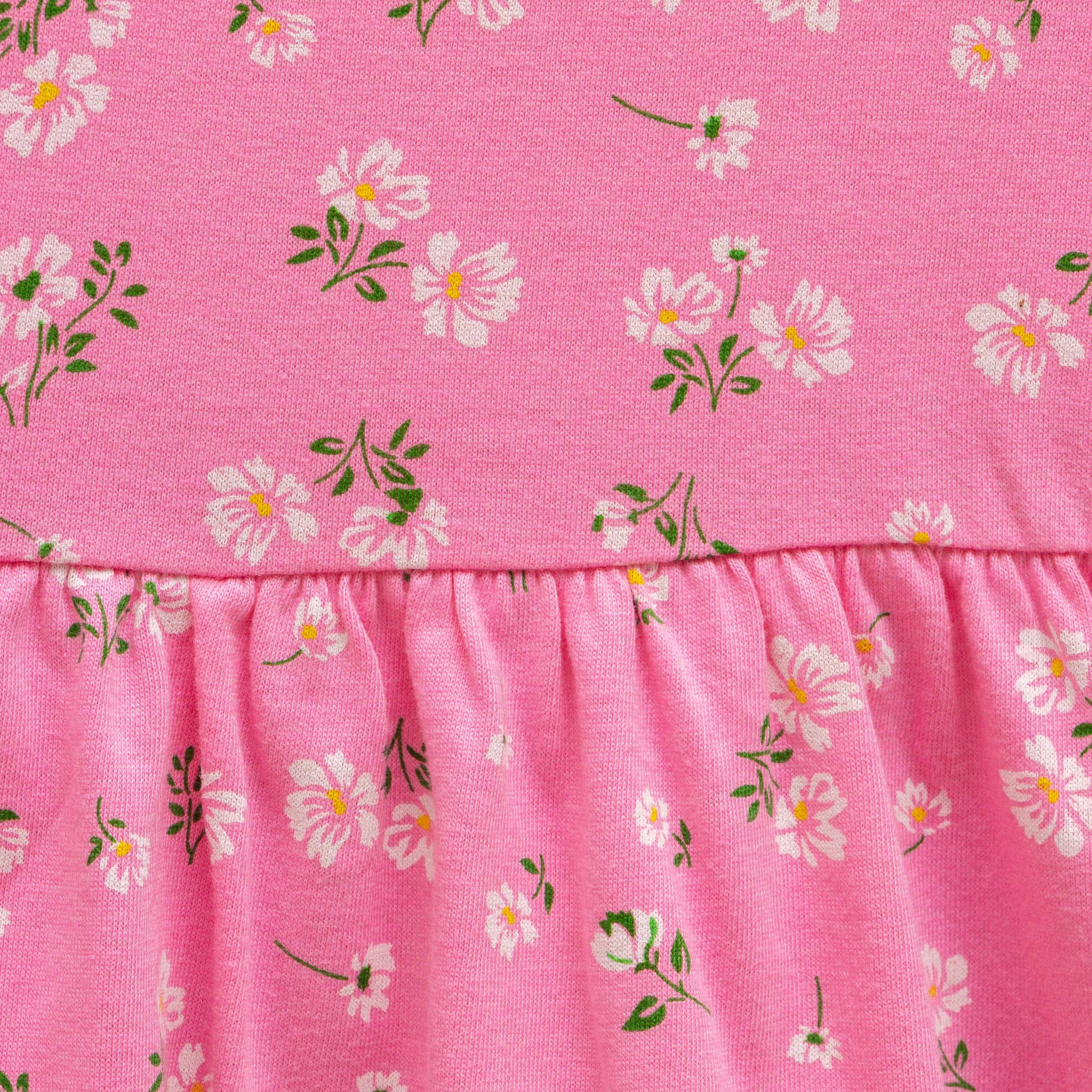"Girls' Long Sleeve Pink Floral Print Cotton Dress with Ruffle Hem"