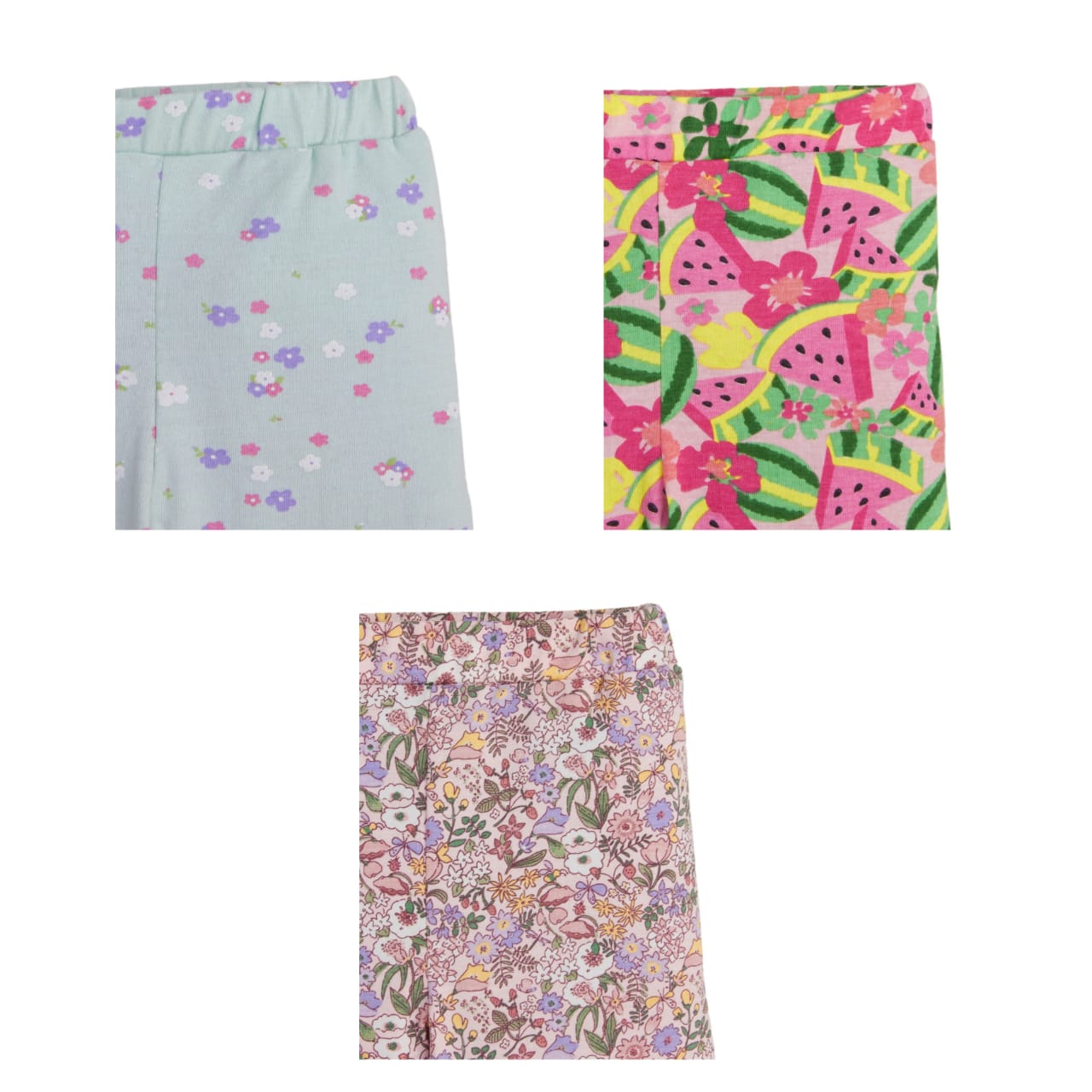 "Girls' Printed Cotton Leggings - Pack of 3 (Floral & Fruit Designs)"