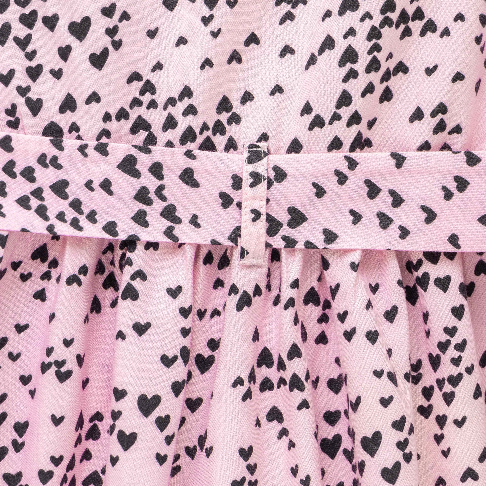 Girls' Pink Heart Print Ruffle Dress – Long Sleeve, Belted Waist, Elegant Party Wear