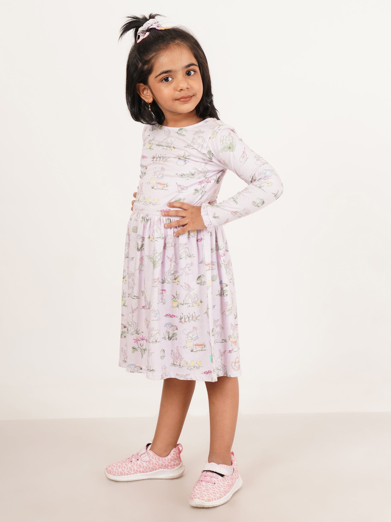"Girls' Long Sleeve Pastel Purple Dress – Adorable Bunny & Garden Print Cotton Frock"