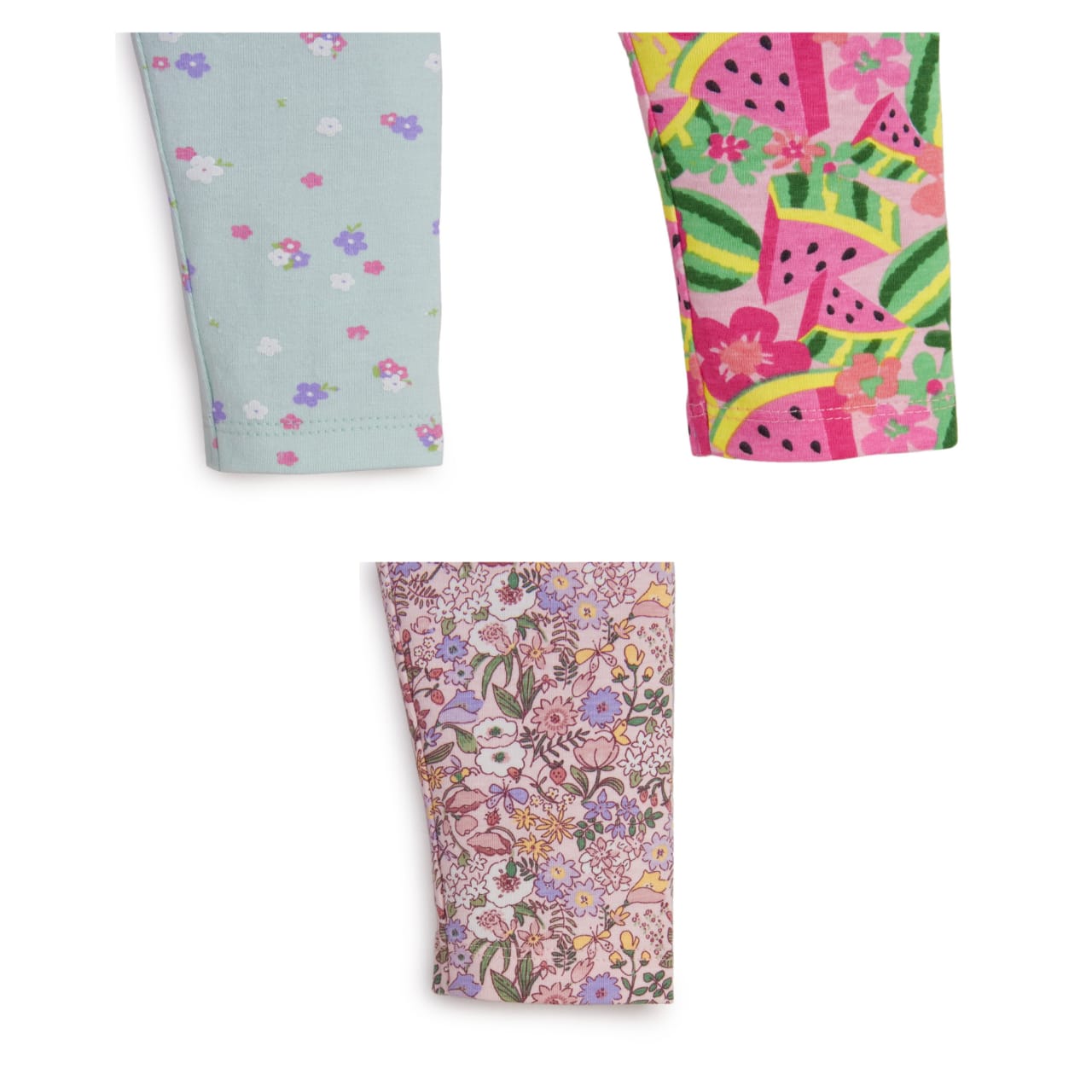 "Girls' Printed Cotton Leggings - Pack of 3 (Floral & Fruit Designs)"