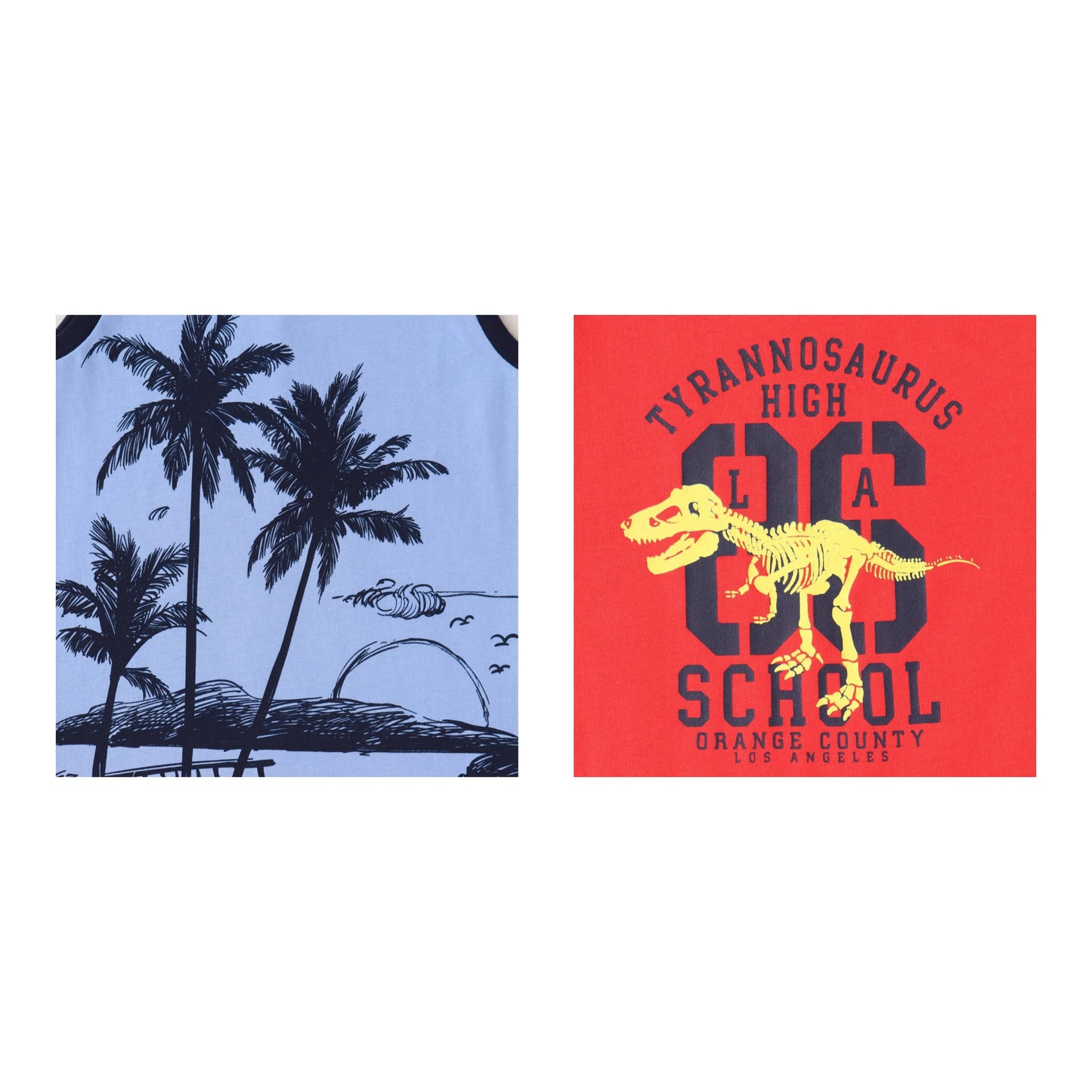 "Boys' 2-Pack T-shirt – Dinosaur & Tropical Island Graphic Sleeveless Tees (Red/Blue)"