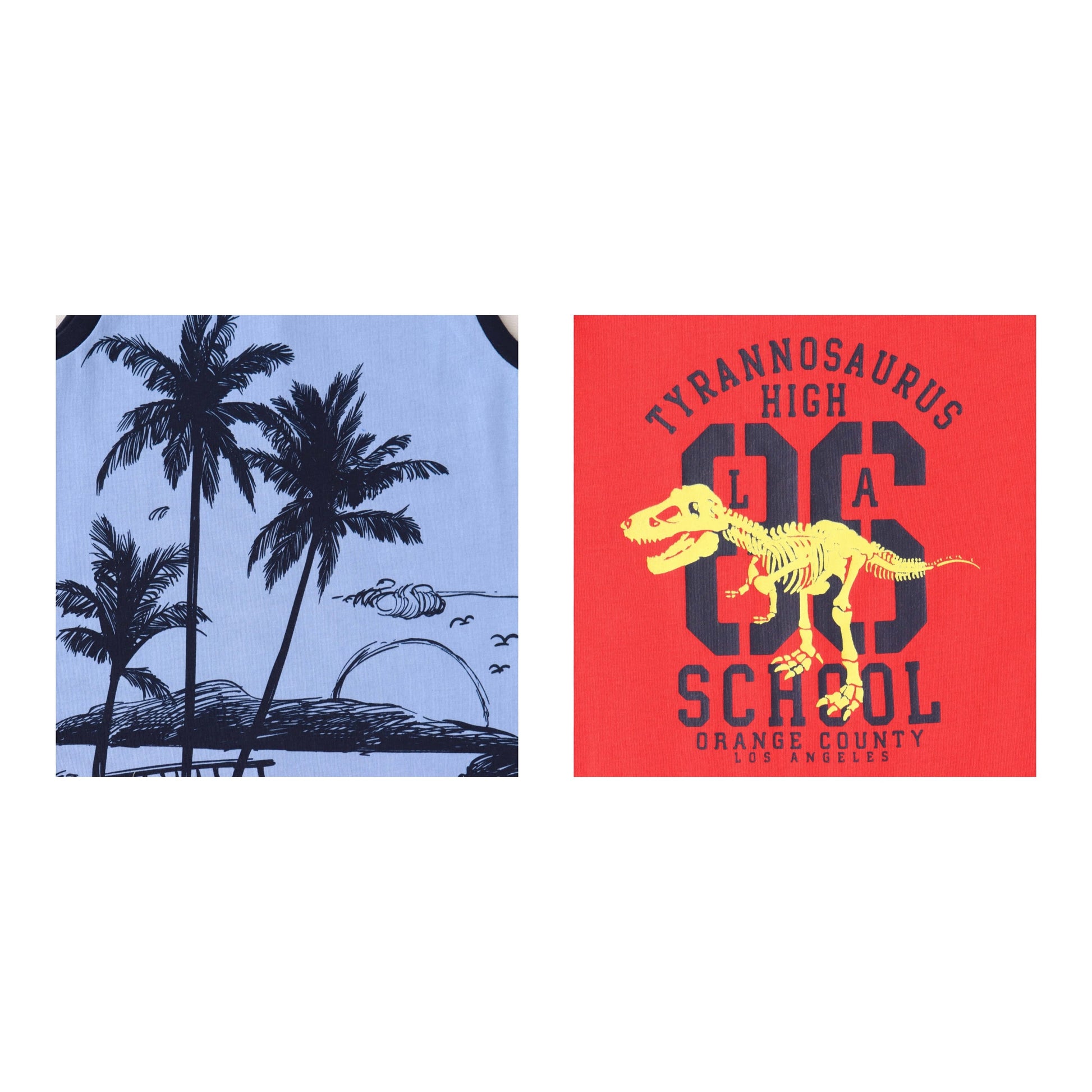 "Boys' 2-Pack T-shirt – Dinosaur & Tropical Island Graphic Sleeveless Tees (Red/Blue)"