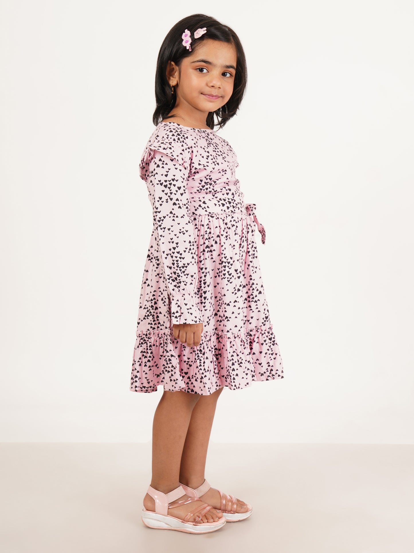 Girls' Pink Heart Print Ruffle Dress – Long Sleeve, Belted Waist, Elegant Party Wear