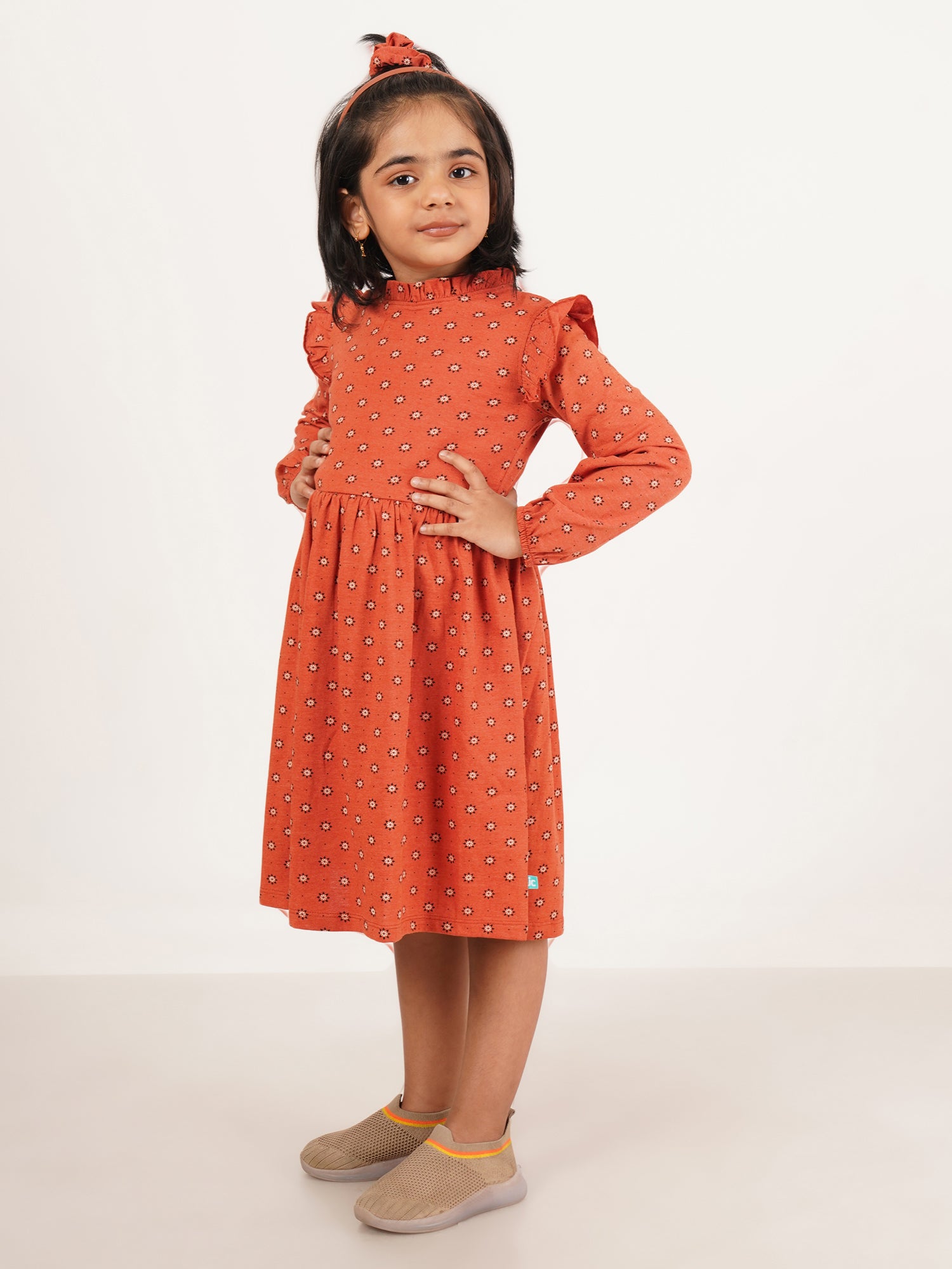 "Baby Girls' Red Floral Print Cotton Dress with Ruffle Details and Long Sleeves"
