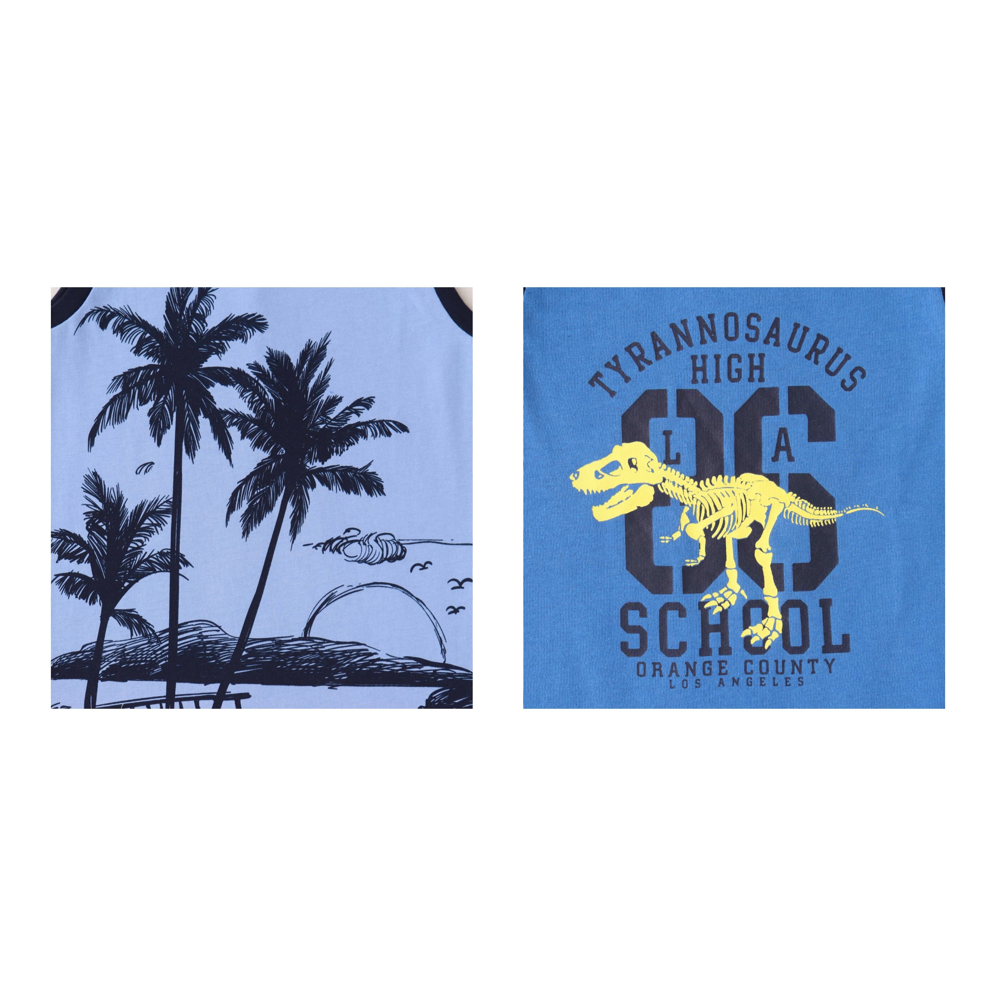 "Boys' 2-Pack Sleeveless T-shirt – Tropical Island & Dinosaur Print Tees (Blue/Royal Blue)"