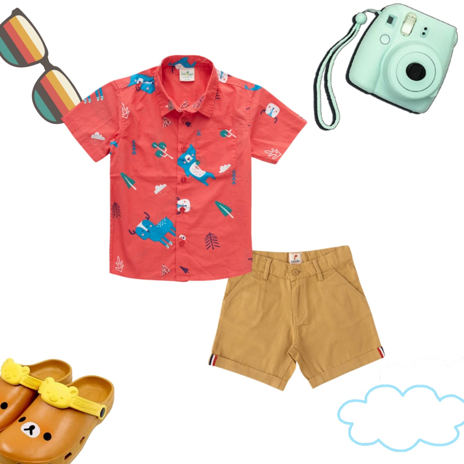"Boys' Red Animal Print Shirt and Mustard Shorts Set – Fun Forest Adventure Outfit"