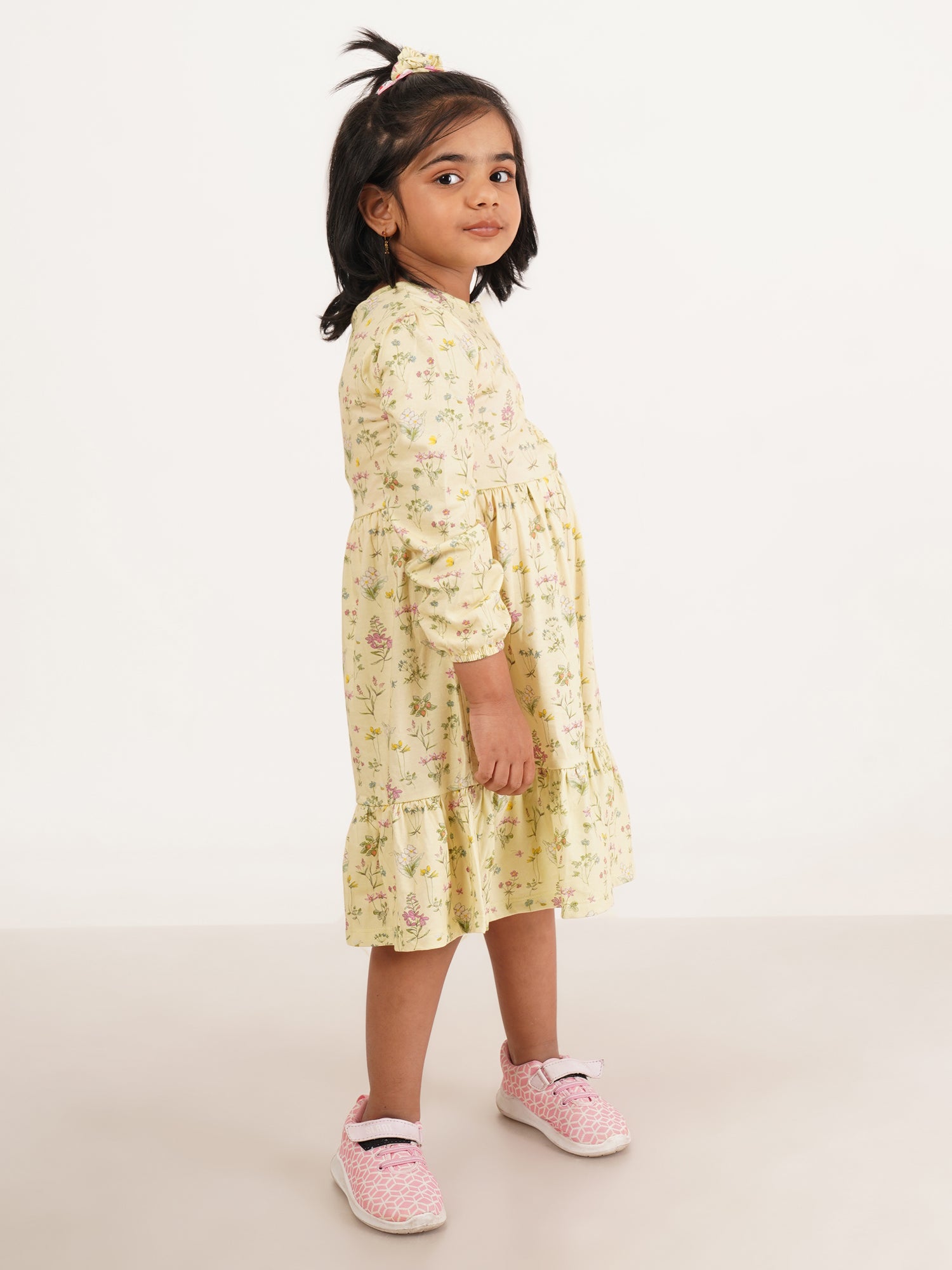 "Girls' Long Sleeve Floral Dress – Button Front, Ruffle Hem, Soft Yellow"