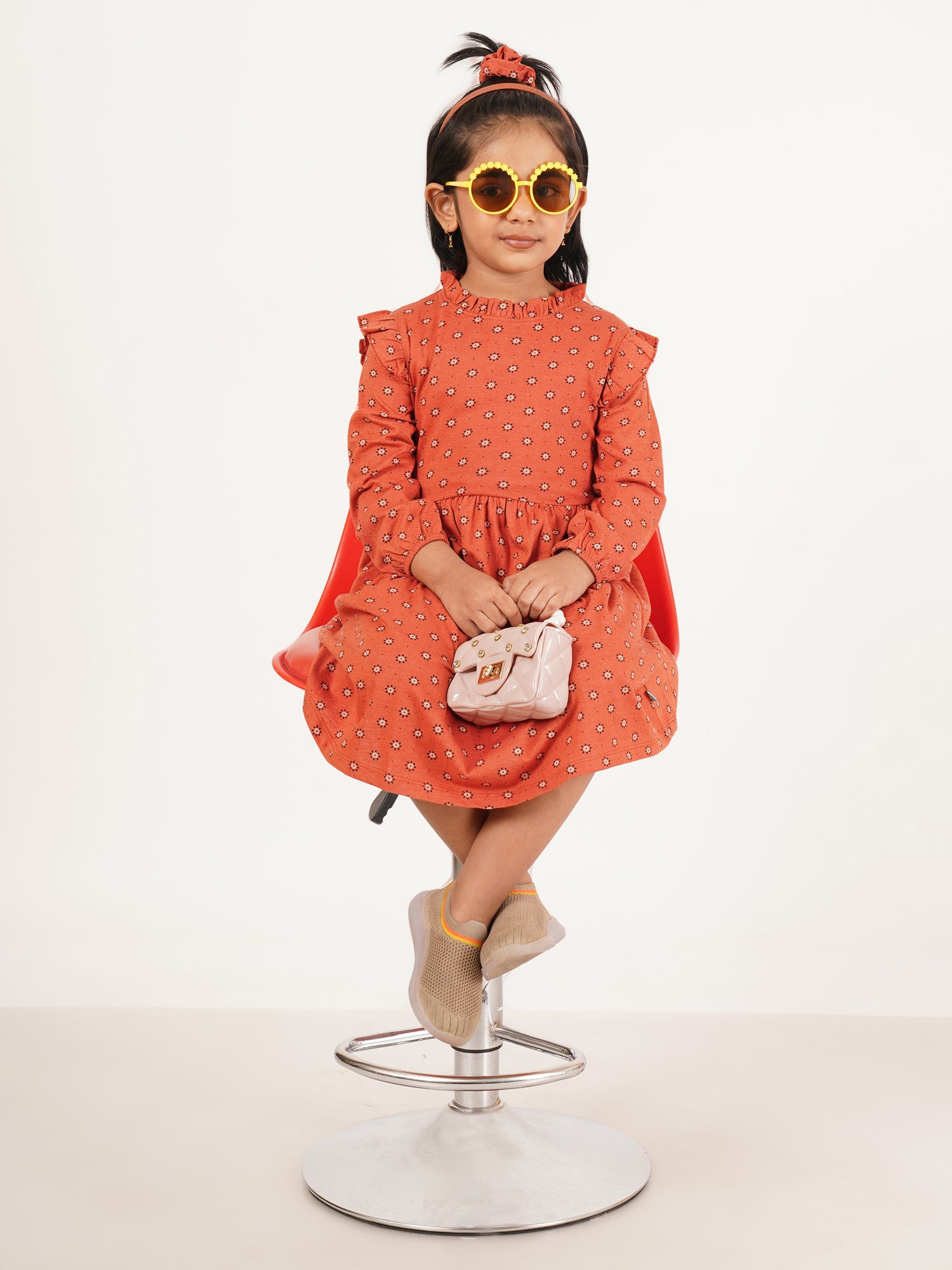 "Baby Girls' Red Floral Print Cotton Dress with Ruffle Details and Long Sleeves"