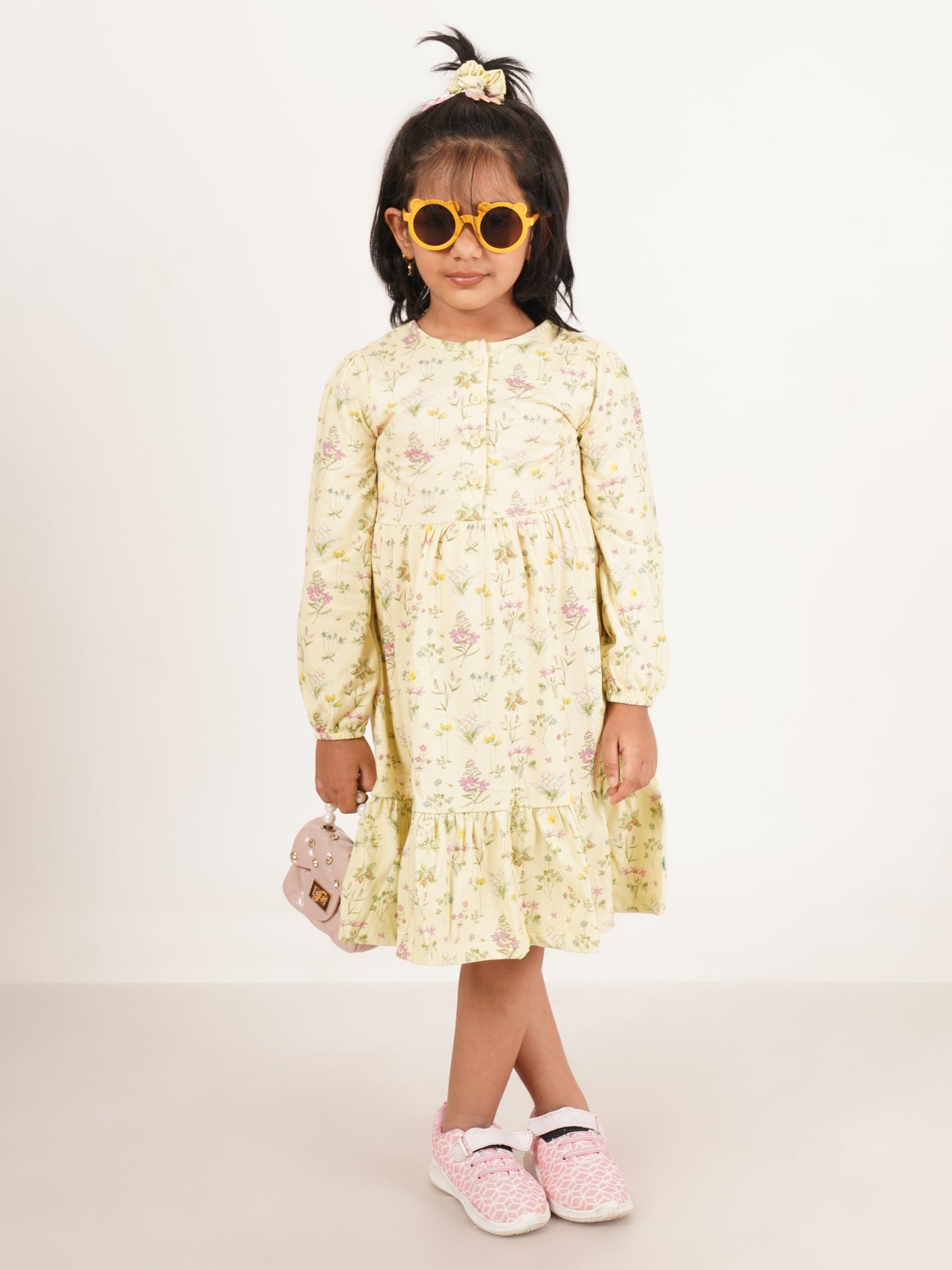 "Girls' Long Sleeve Floral Dress – Button Front, Ruffle Hem, Soft Yellow"
