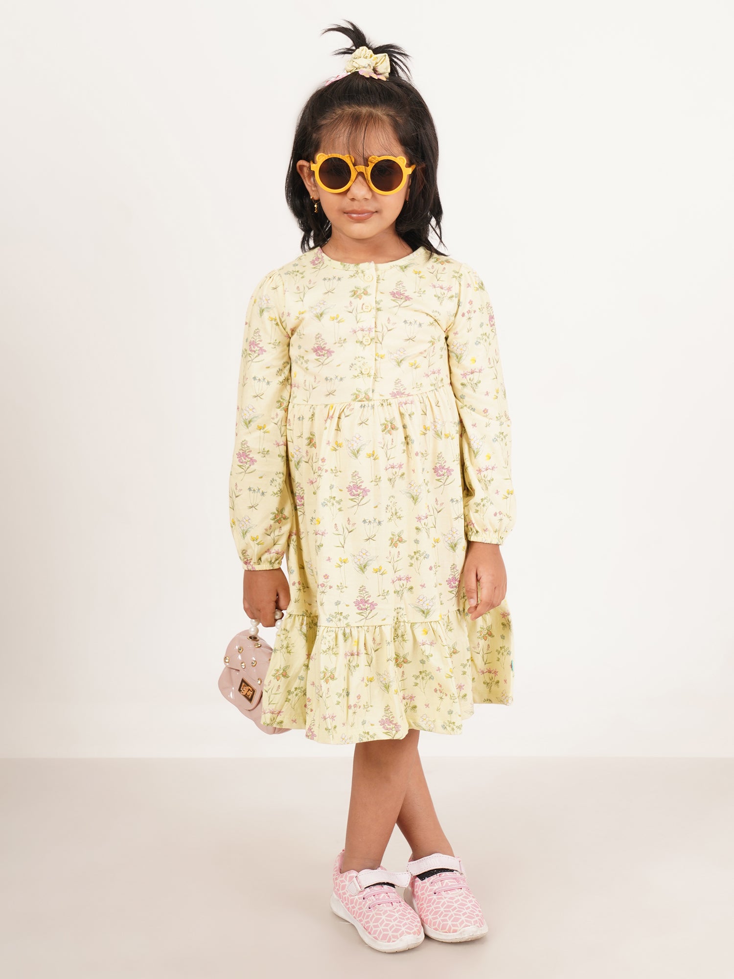 "Girls' Long Sleeve Floral Dress – Button Front, Ruffle Hem, Soft Yellow"
