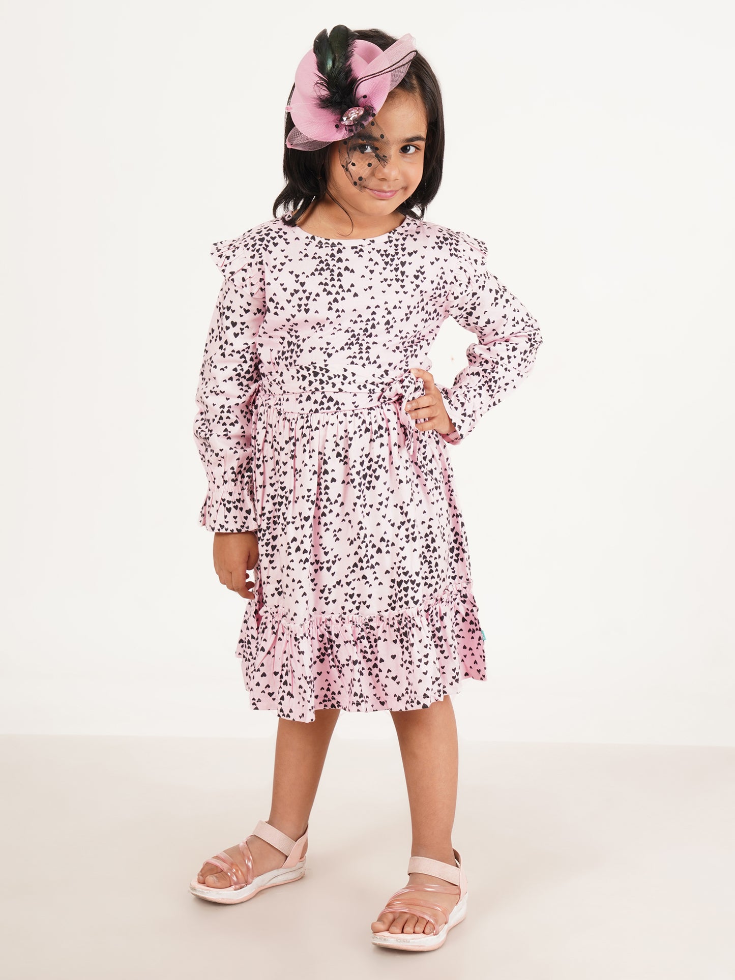 Girls' Pink Heart Print Ruffle Dress – Long Sleeve, Belted Waist, Elegant Party Wear